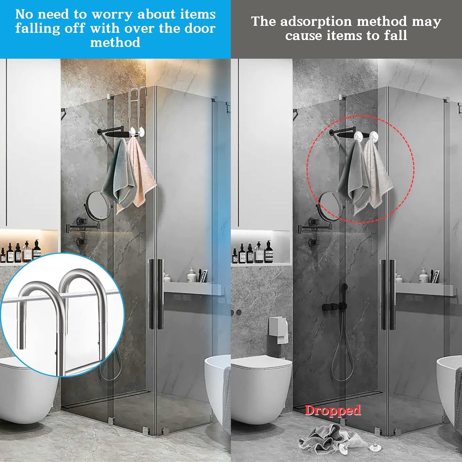 Shower Door Towel Hooks - 9"~13" Length Adjustable Hook for Frameless Over The Door Glass, Squeegee Holder, Towel Hanger for Bath Suits Rozer Robes Loofahs Shavers, Stainless Steel, 2-Pack, Silver