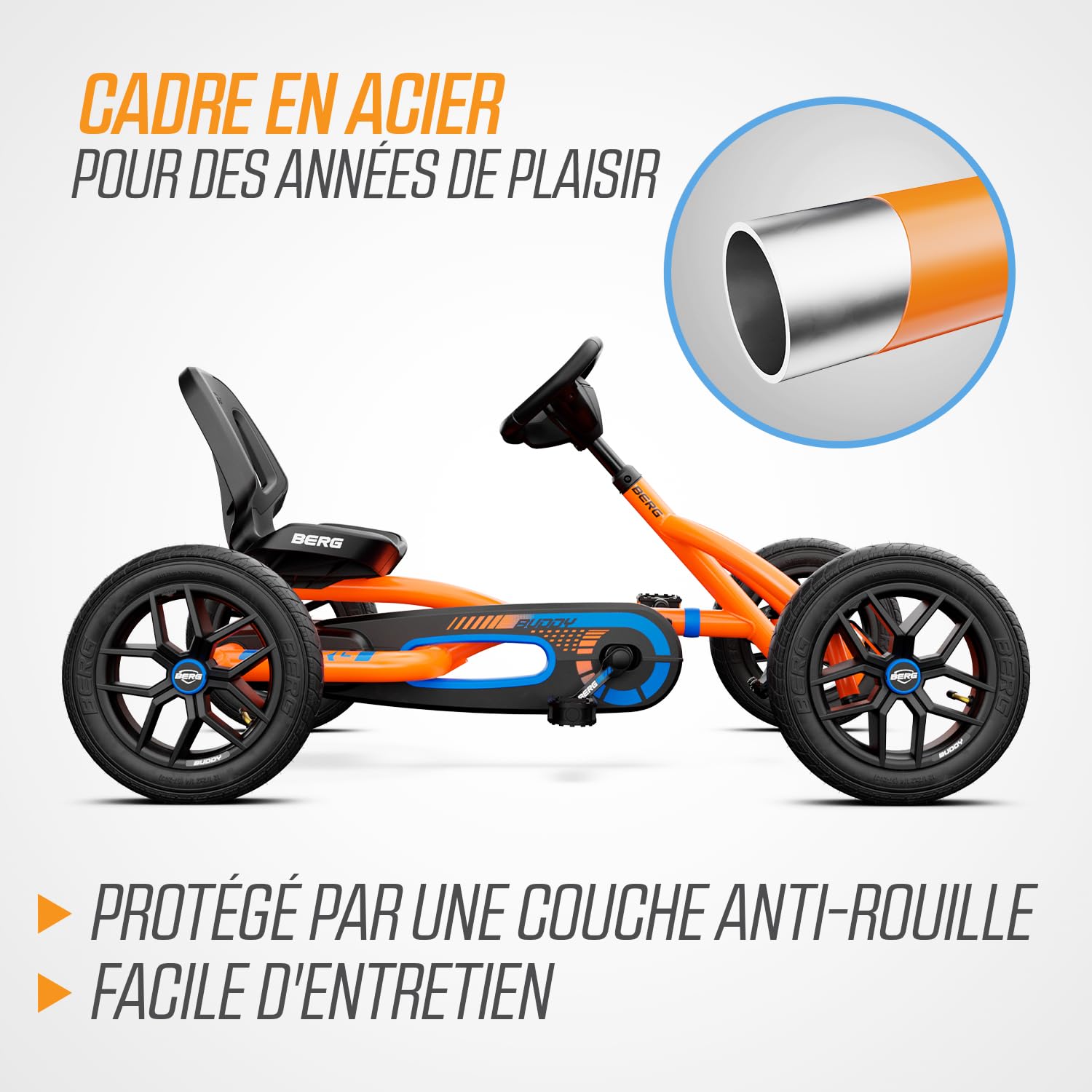 BERG Kart à pédales Buddy B-Orange 3-8 ans cadre robuste selle réglable volant réglable