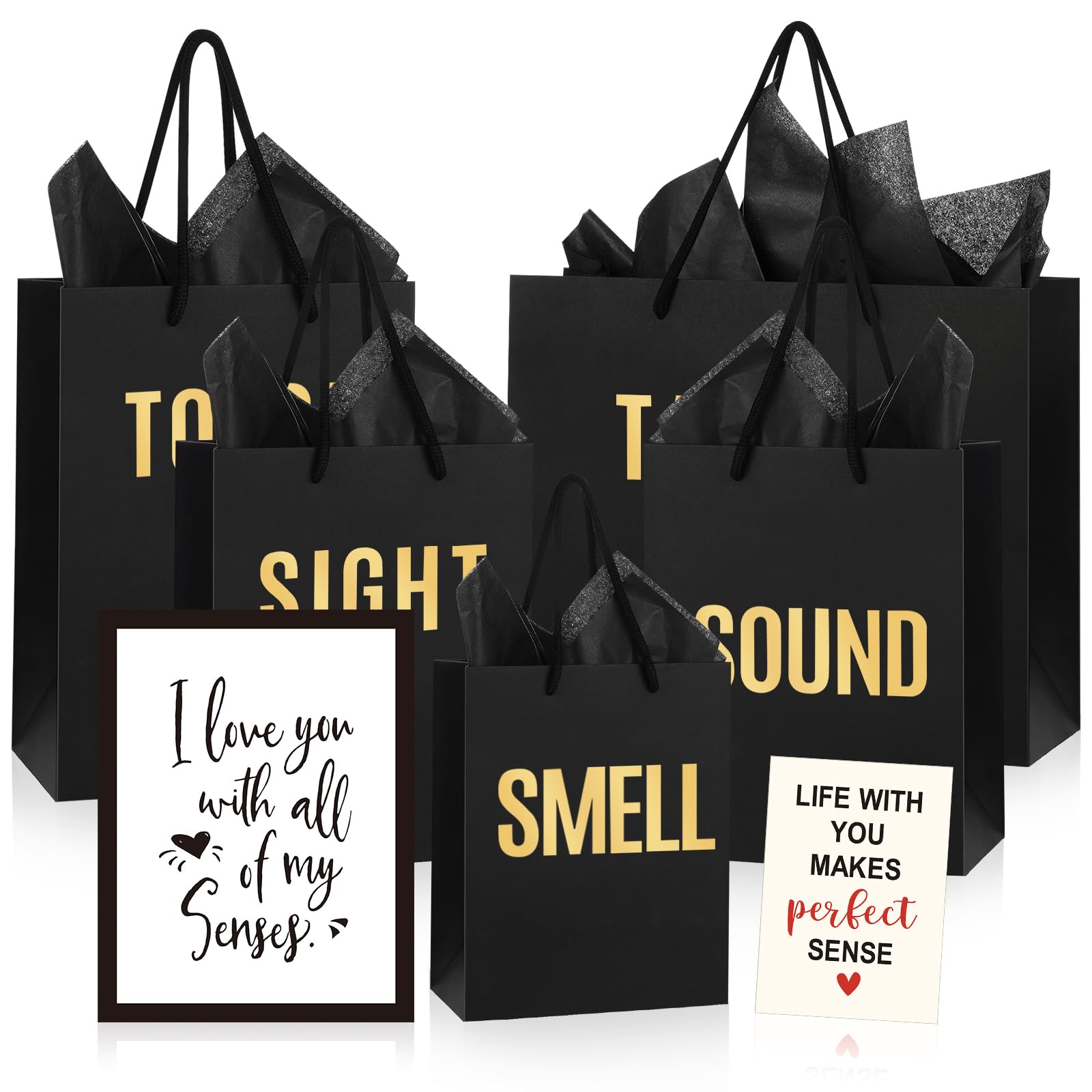 Kolldenn 5 Pcs 5 Senses Gift Bags for Him or Her Five Senses Bags with Handles Tissue Paper Kraft Envelope Greeting Card for Birthday Wedding