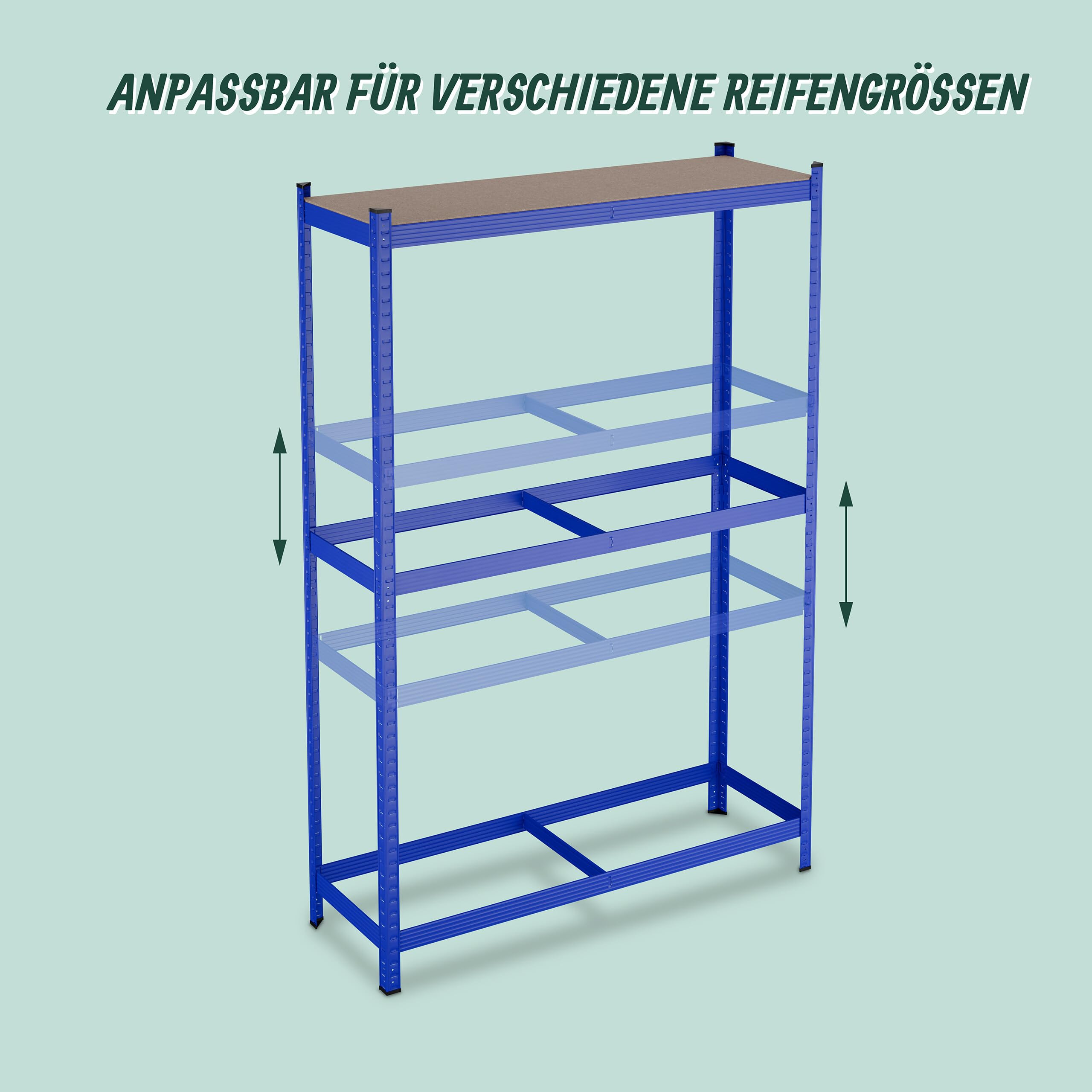 Relaxdays Reifenregal für 8 Reifen, HxBxT: 180 x 120 x 40 cm, 795 kg, Stahl, Stecksystem, Räderregal mit Ablage, blau