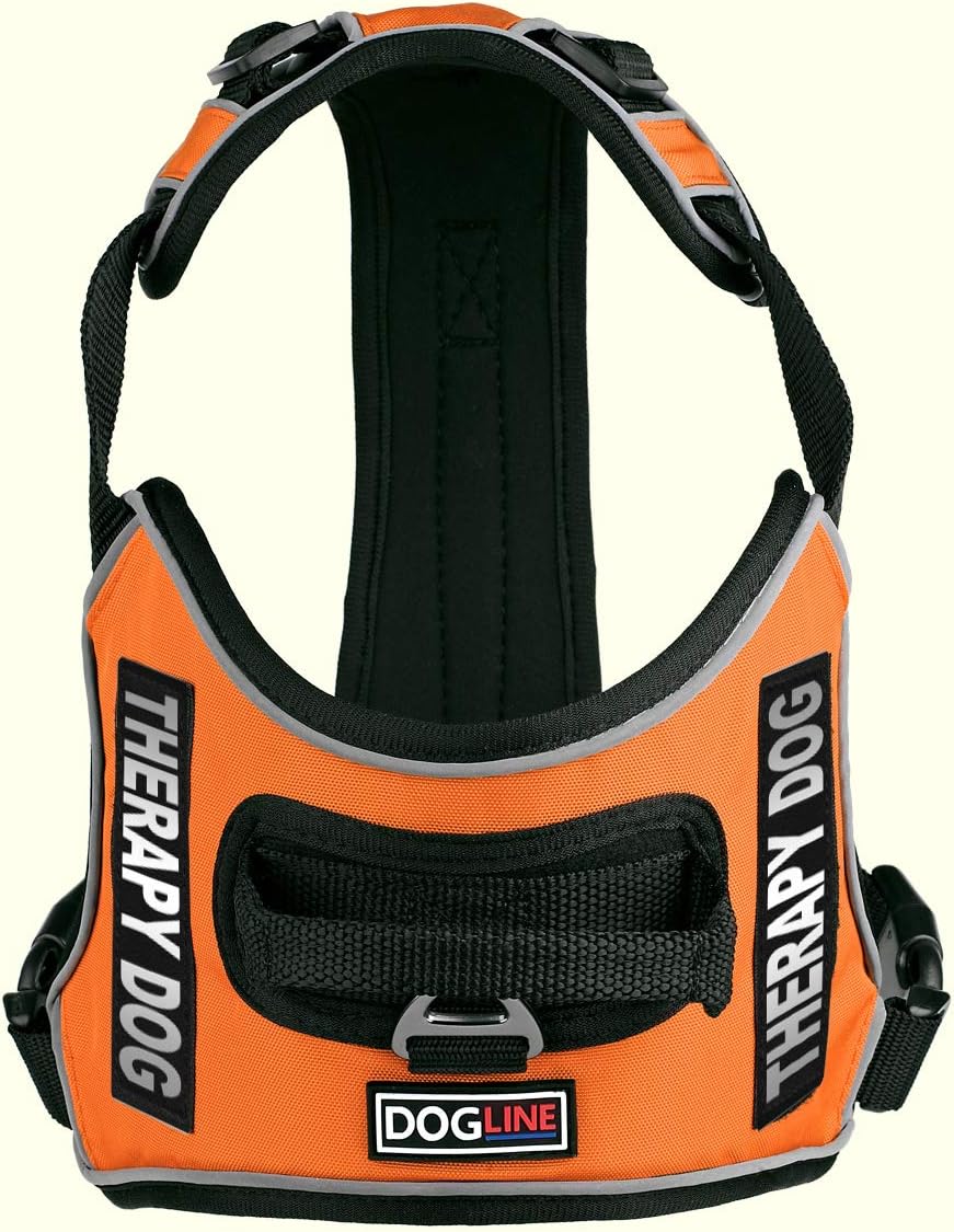Dogline Quest No-Pull Dog Harness with Therapy Dog Reflective Removable Patches Reflective Soft Comfortable Dog Vest with Quick Release Dual Buckles Black Hardware and Handle 15 to 18 inches Orange
