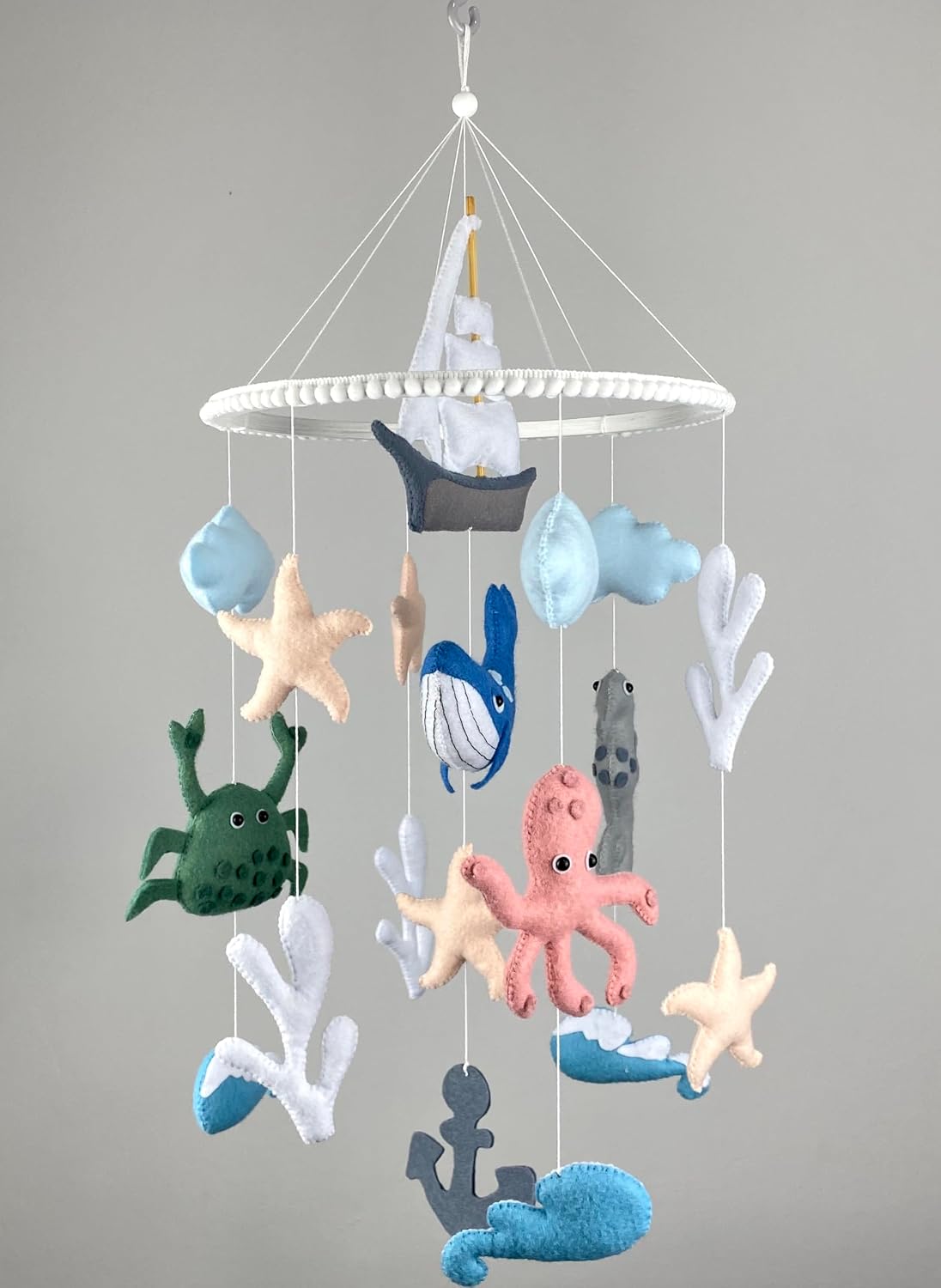 Ocean Crib Mobile Nautical Nursery Decor Under The sea Mobile Felt Animals Whale Ship Nursery Mobile Sea Creature Mobile Neutral Ocean Baby Shower New Baby Gift