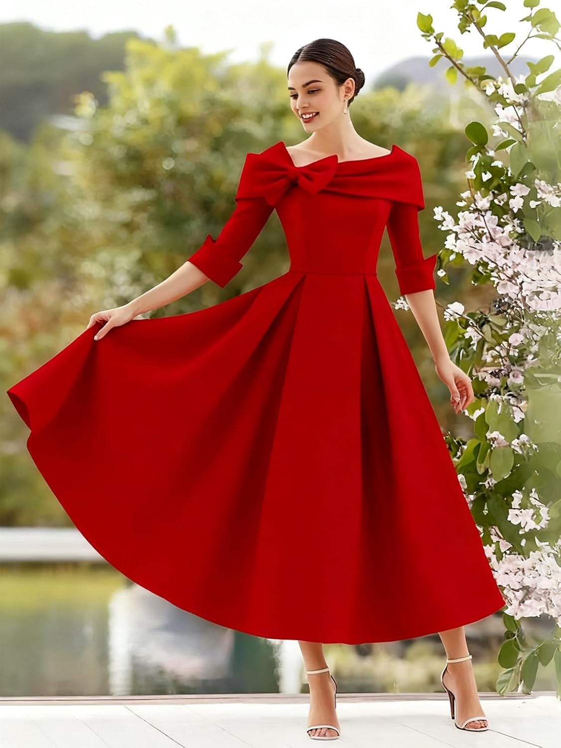 A-Line Solid Color Formal Dress Square Neck 3/4 Length Sleeve Tea Length Satin with Bow Knot Artistic Evening Gown - Image 2