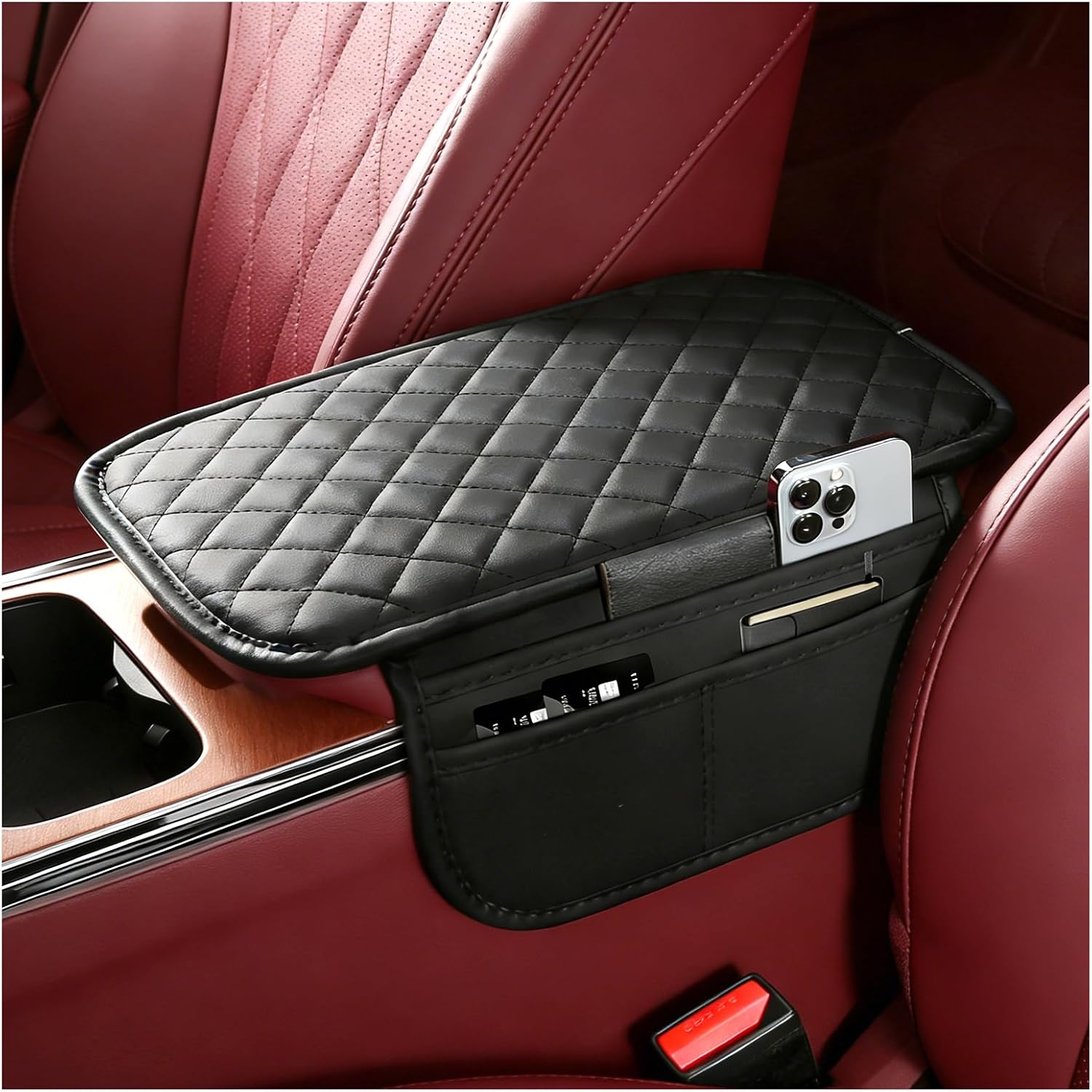 Leather Car Center Console Cover with 6 Pockets,Upgraded Arm Rest Cover for Car Built-in Sponge for Soft Support,Diamond Lattice Armrest Covers for Cars Interior Accessories
