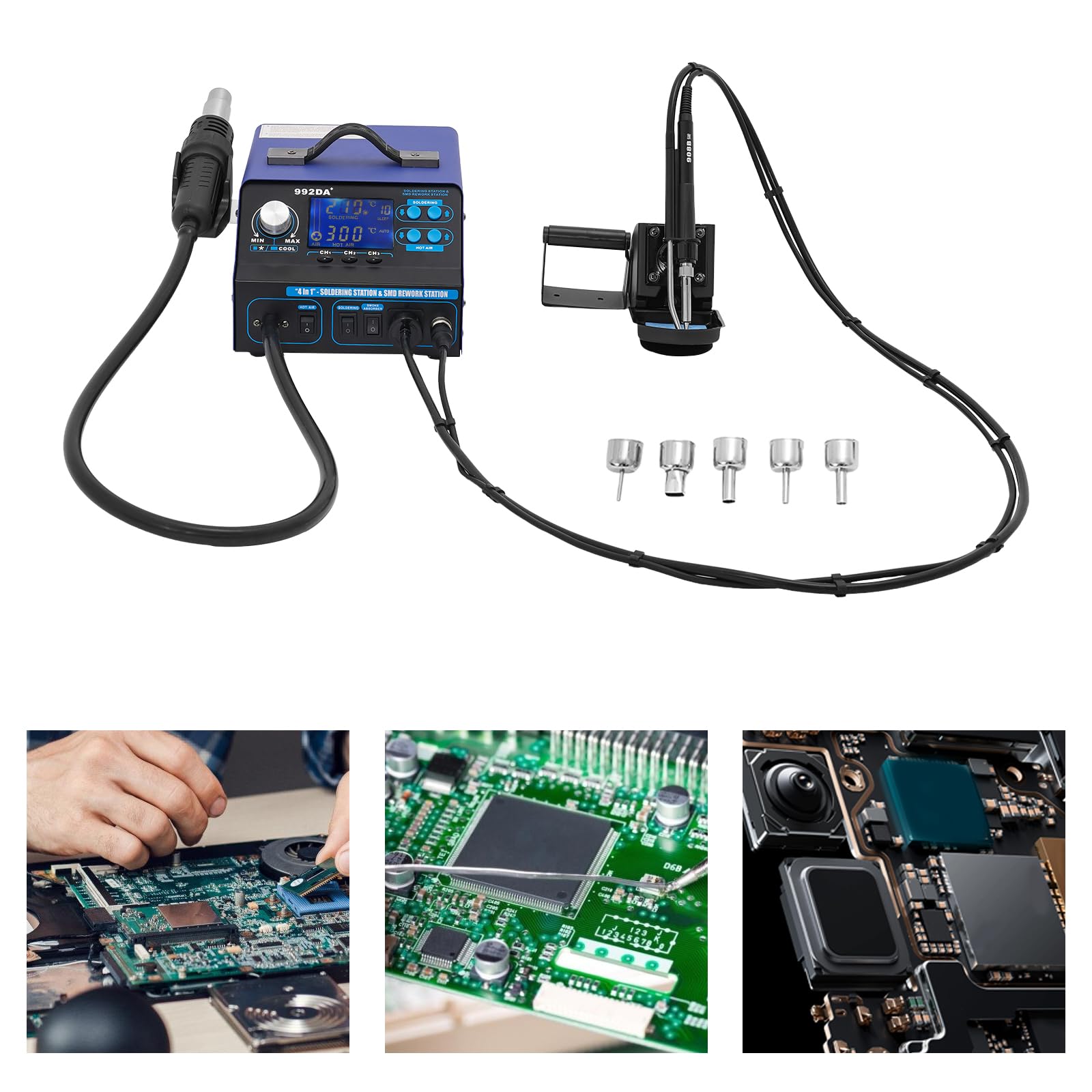 Stacja lutownicza, 780 W, stacja lutownicza na gorące powietrze, zestaw stacji lutowniczych z wyświetlaczem LCD, 992DA+ 4 w 1, cyfrowa stacja lutownicza LCD, stacja rozlutownicza