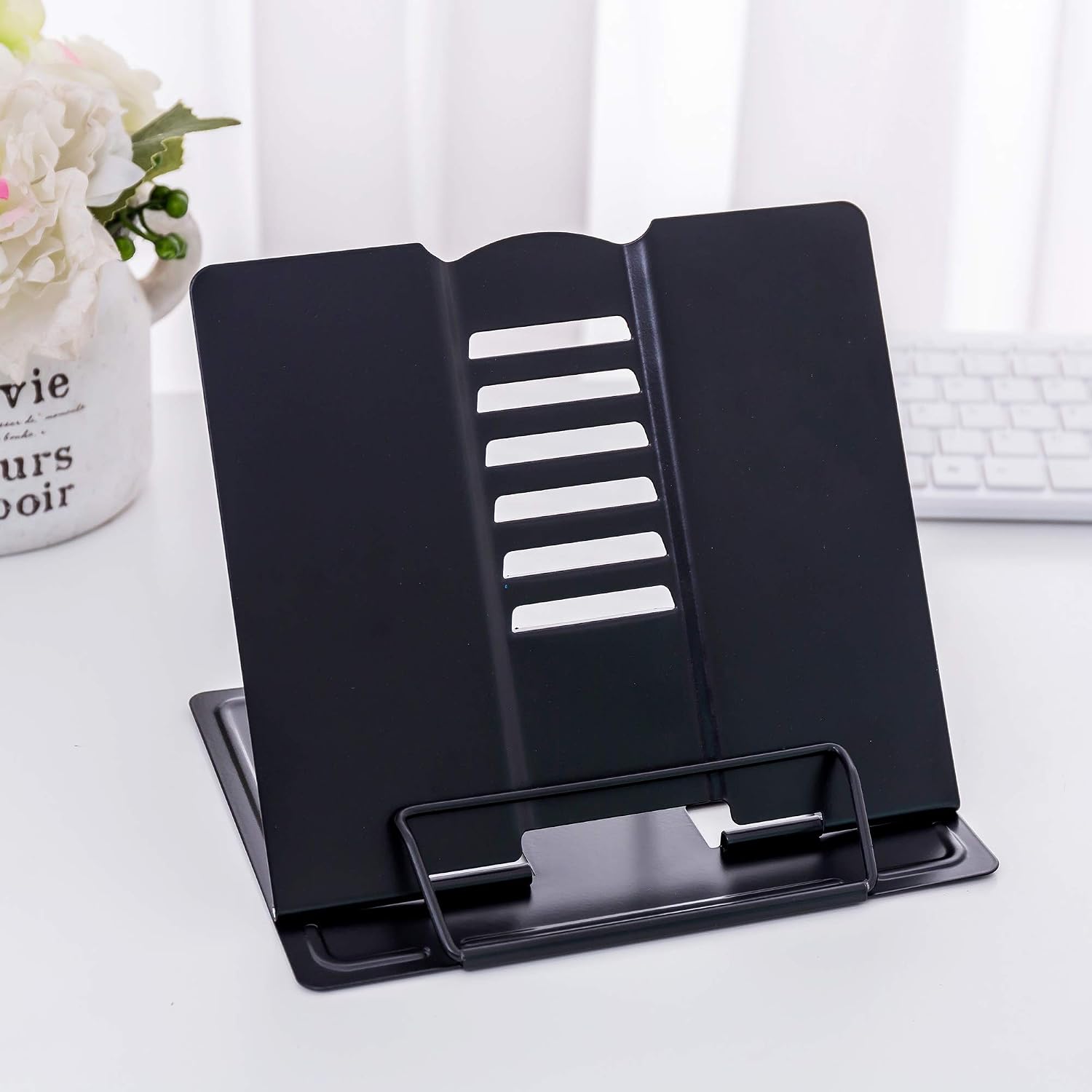 PUNCIAPUNCIA Metal Wishacc Adjustable Book Holder Stand Tray and Page Paper Clips-Cookbook Reading Desk Portable Sturdy Lightweight Bookstands-Music Books Textbooks Tablet Cook Recipe (Black)