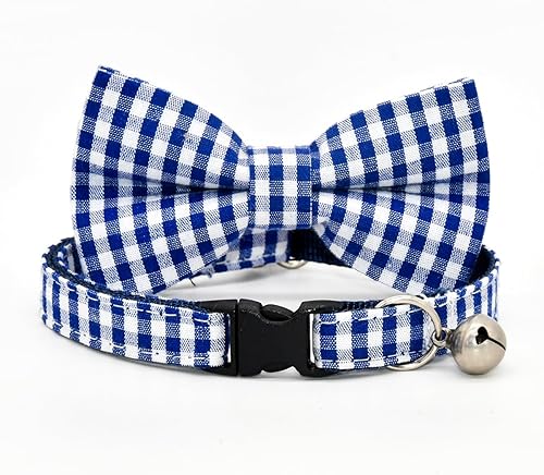 Miniatura 2 de Juego de lazo de collar de gato a cuadros azul Bufflo, pajarita de bodacumpleaños, collar para gatito