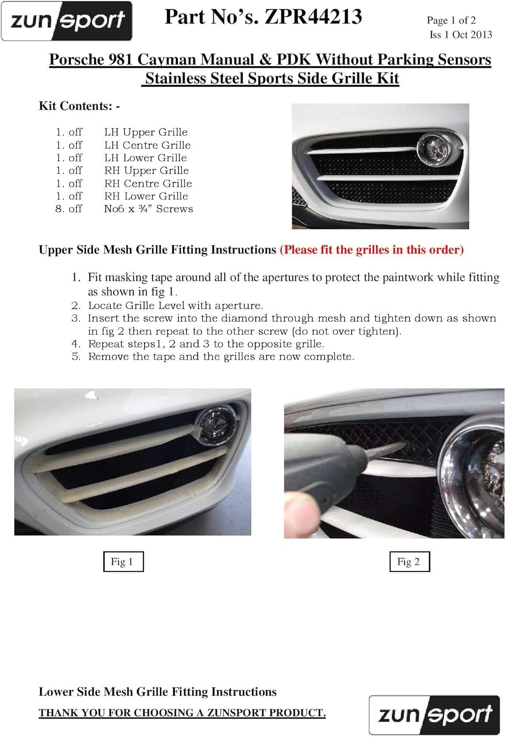 Zunsport Compatible with Porsche Cayman 981 (Manual/PDK Without Sensors) - Outer Grill Set - Black Finish (2012 to 2016)
