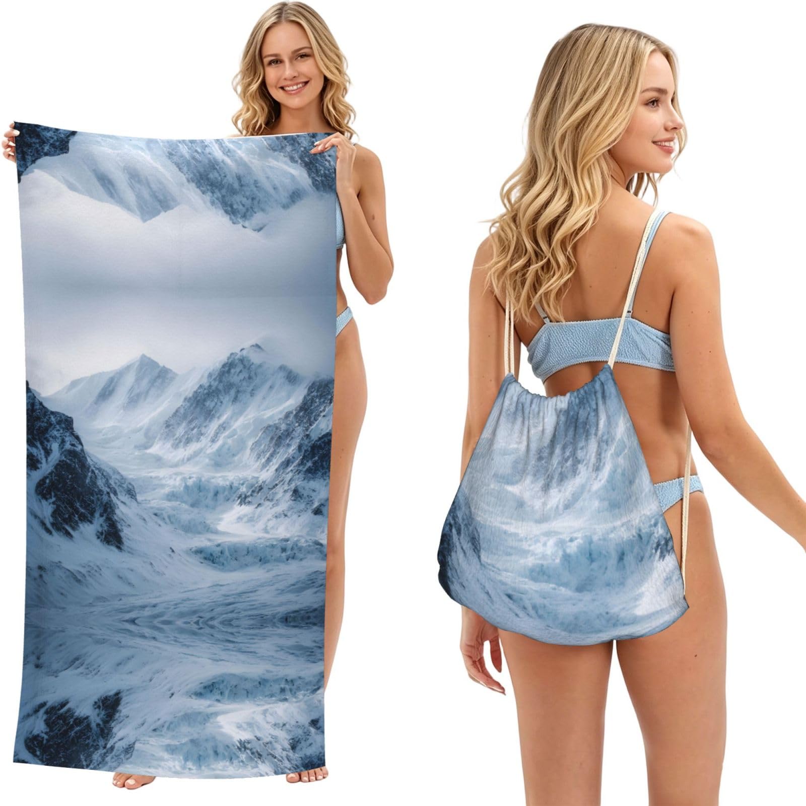 ESNAIUVCD Winter Glacier Print Beach Towel For Adults,Towel With Drawstring Bag, Travel Pool Swimming Sports Shower Sand Free Quick Dry Bath Towel For Pool, Beach, Yoga- 180x60cm