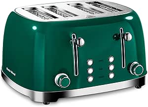 Roter Mond 4 Slice Toaster Retro Stainless Steel with Bagel Defrost Cancel Function, 6 Browning Settings, Extre Wide Slot and Removable Crumb Tray, Green, ST033
