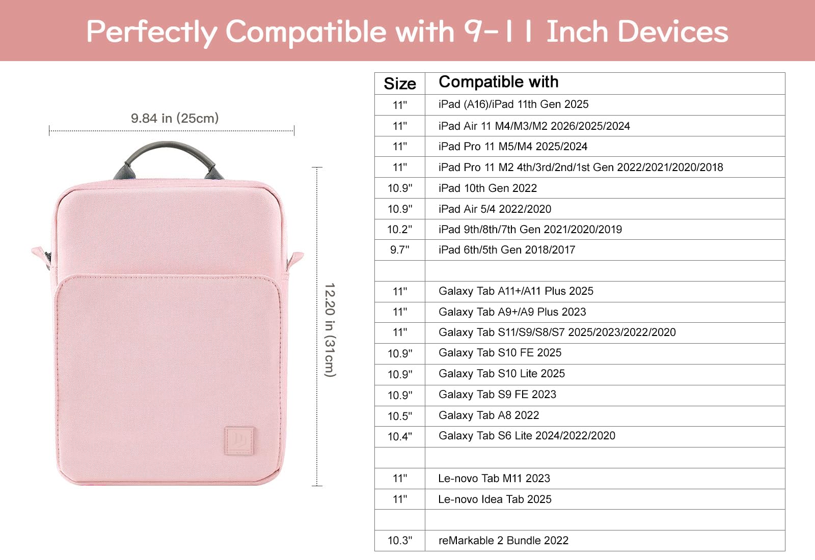 Dadanism 9-11" Tablet Custodia Borsa con Tracolla Per iPad (A16) 11", iPad Air 11" M4/M3, iPad Pro 11" M5/M4, iPad 10a Gen 10,9", iPad 9/8/7a Gen 10,2", Galaxy Tab A11+ 11", Tab M11 11", Rosa