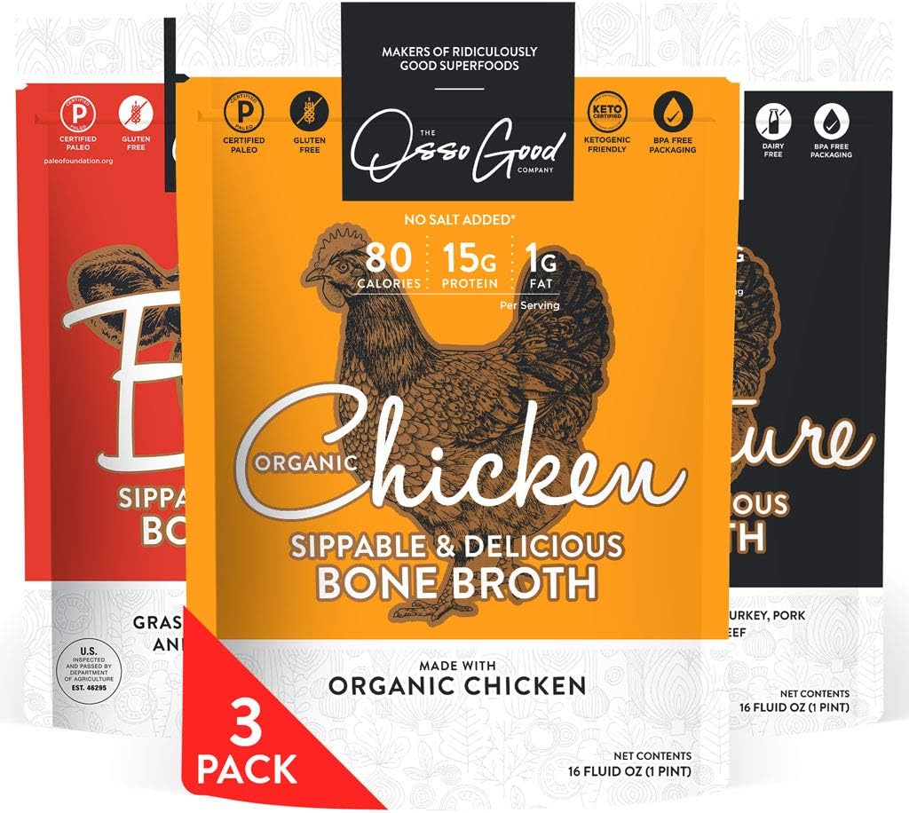 Osso Good Bone Broth Sampler Variety Pack, Classic Flavors, 3 - 16 Ounce Pouches, High in Protein & Collagen, Ships Frozen