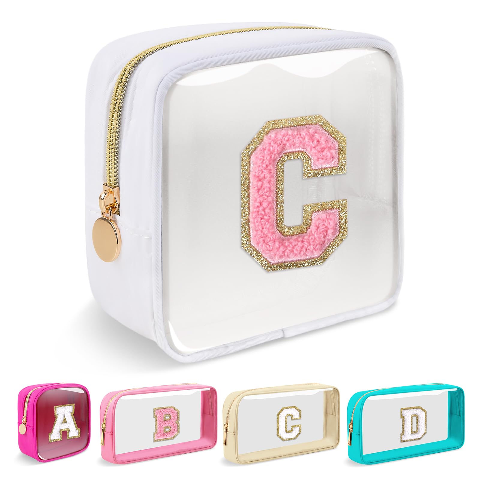 Mini Clear Personalized Initial Makeup Bag,Nylon Preppy A-Z Chenille Letter Patch Zipper Cosmetic Bag, Small Cute Beach Pouch Travel Purse Sanitary