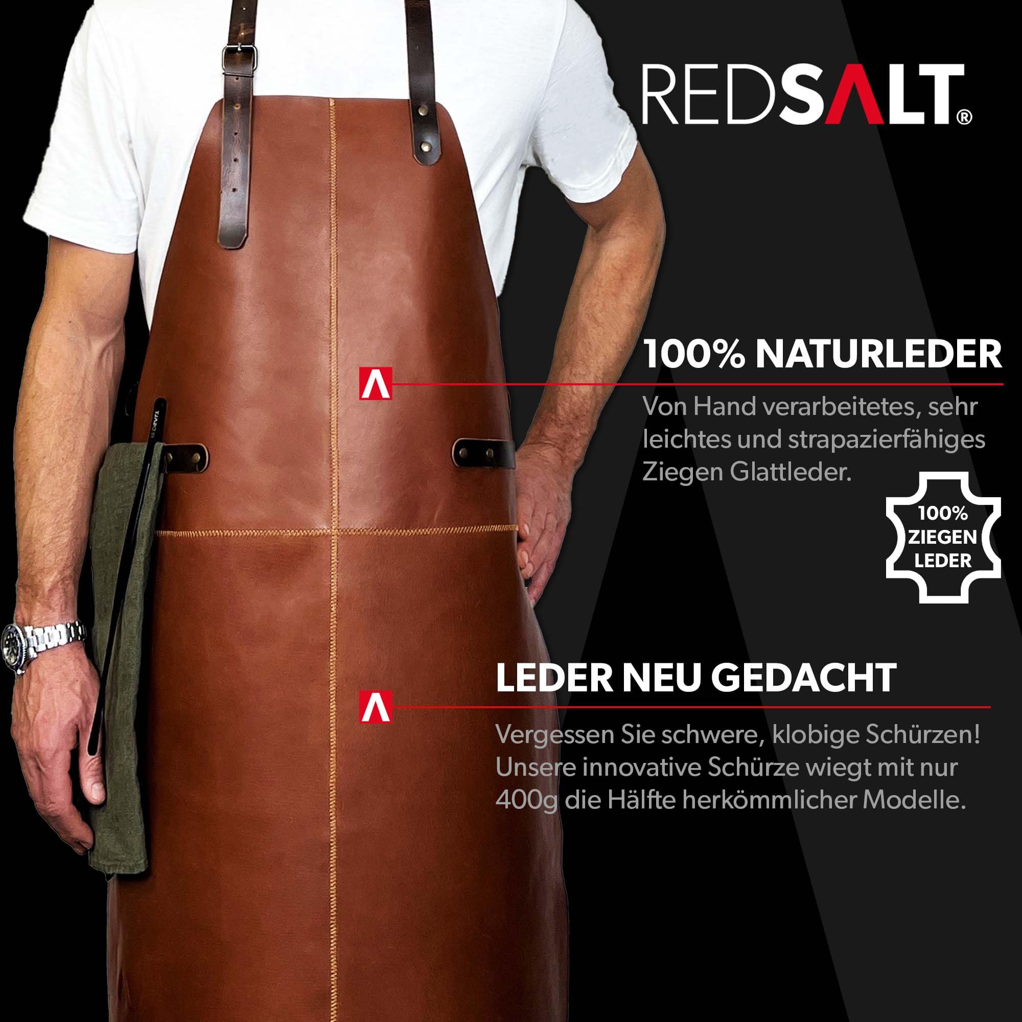 REDSALT® Delantal de piel 100% búfalo, 84 x 62 cm, color marrón, delantal profesional para barbacoa, delantal de trabajo, cocina, gastronomía, bar, barista, delantal de cocina, delantal de cocina,