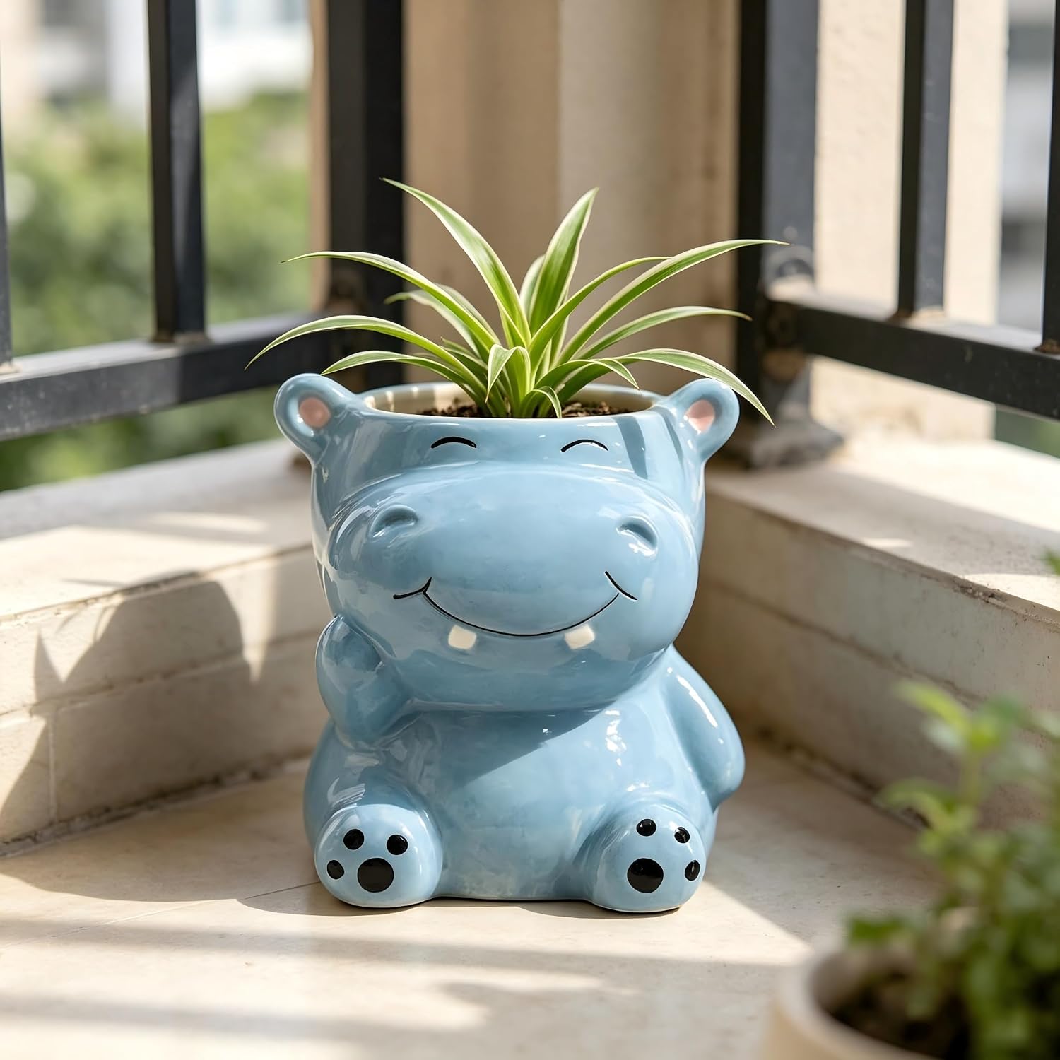 Cute Ceramic Planter Pot, Small Succulent Pot with Drainage, Funny Animal Cartoon Shaped Cactus Bonsai Container, Flower Plant Pot for Home Office Desk and Garden Decor (Hippo) image 5