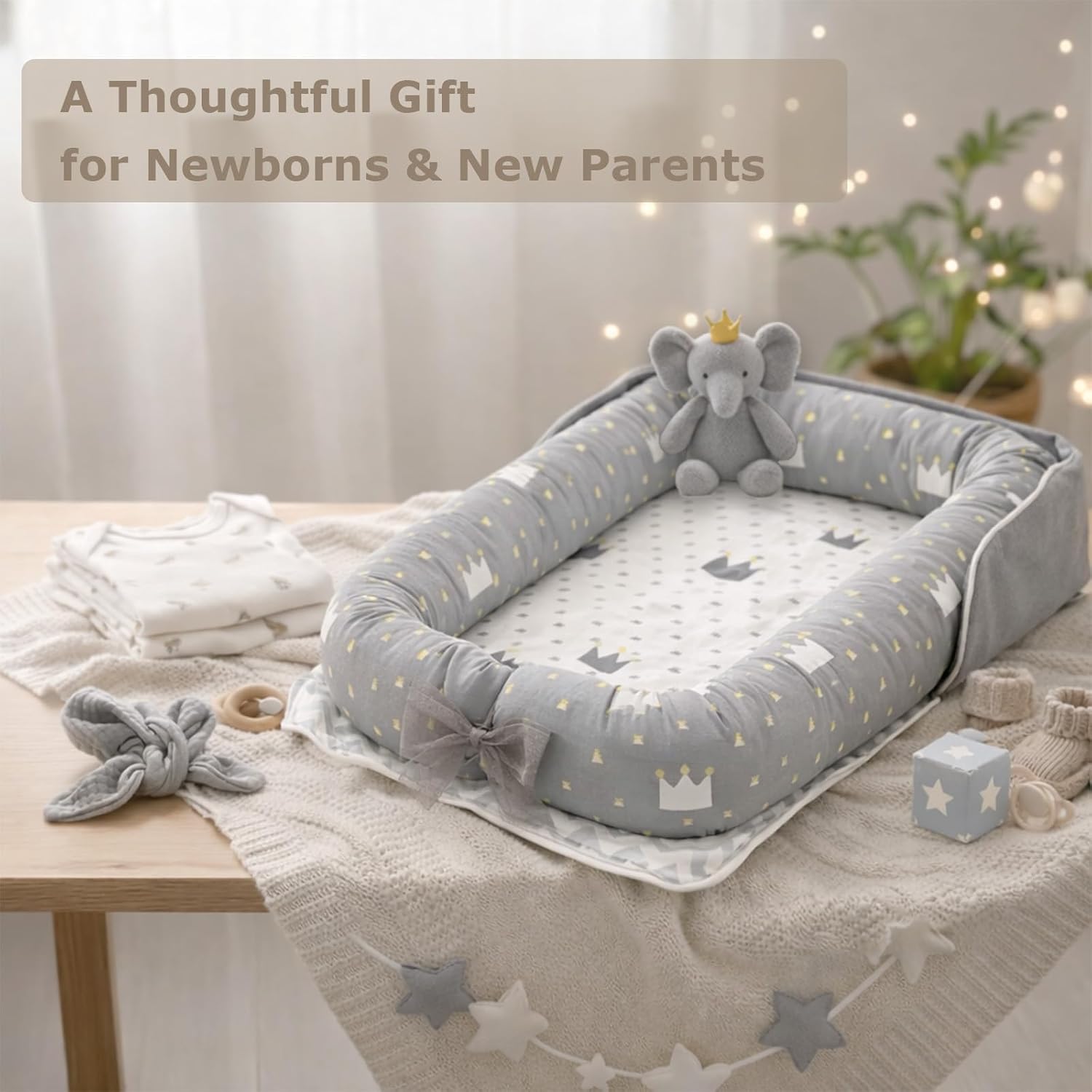 Baby Lounger for Newborns & Infants 0–24 Months, 100% Cotton Breathable Infant Support Cushion with Adjustable Size, Portable Baby Nest for Home and Travel, Baby Shower Gift(Crown Grey) - Image 7