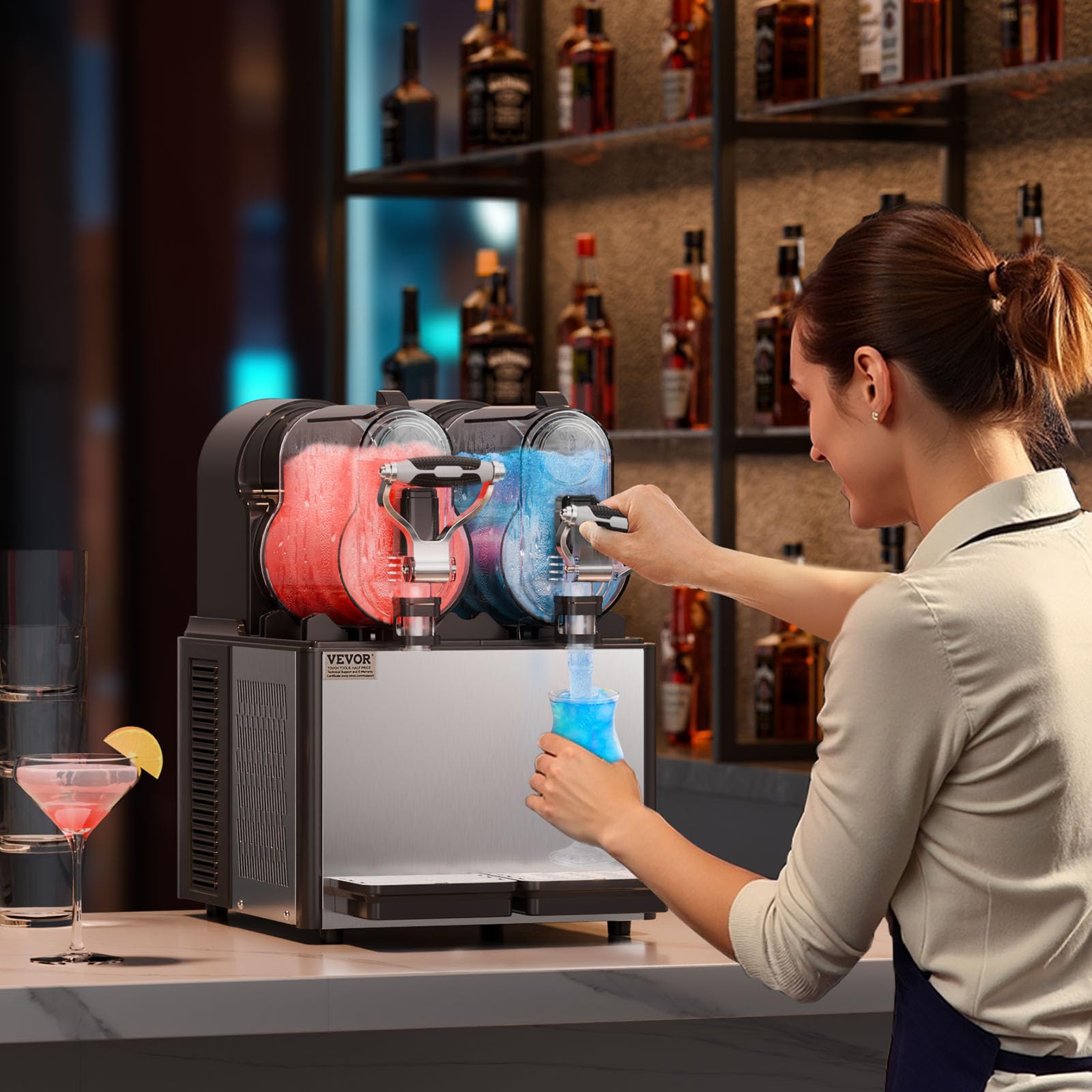 VEVOR Machine à Granité Commerciale 2x3L Double Réservoir, Machine à Boissons Glacées en Inox de 24 Tasses, Distributeur de Boissons Frappées Granitas Margarita Smoothie, pour Restaurants Cafés Bars
