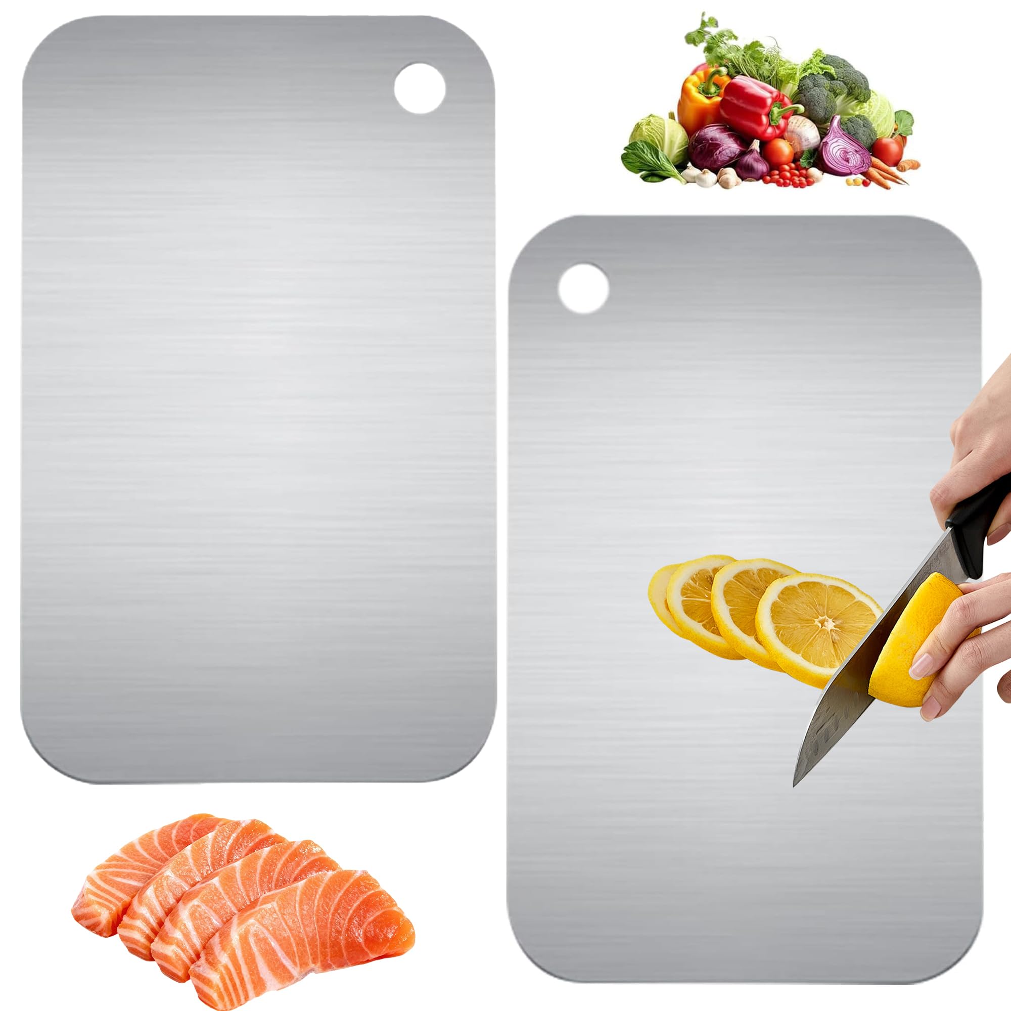 Ousuwo 2Pcs Chopping Boards, Stainless Steel Double-Sided Titanium Cutting Board for Meat, Bread & Vegetables (15x25 cm)