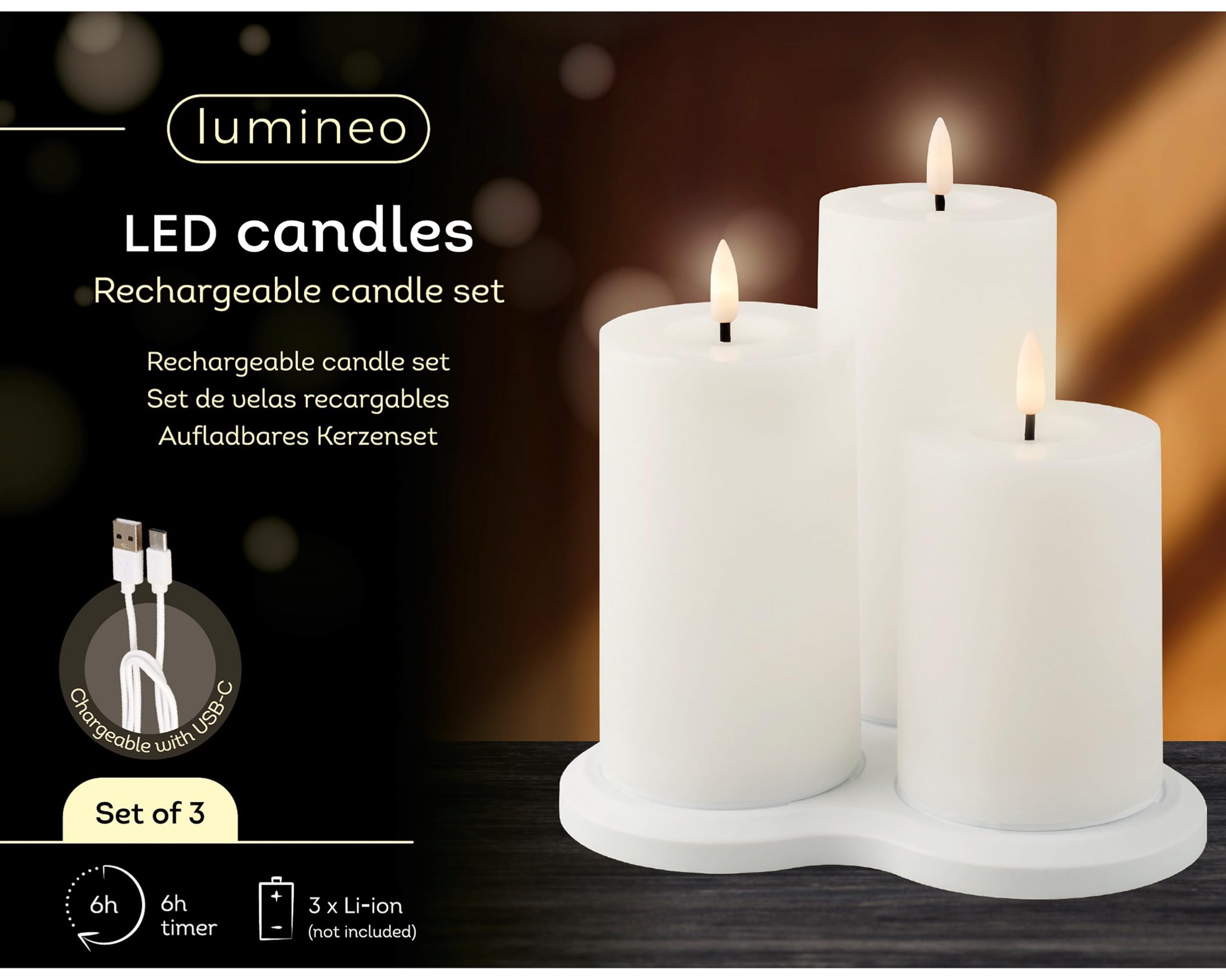 Lot de 3 bougies LED avec minuterie 12,5 à 17,5 cm - Bougies piliers électriques - Fonctionne avec piles et rechargeables via USB-C - Bougies de cire vacillantes - Bougies décoratives blanches / blanc