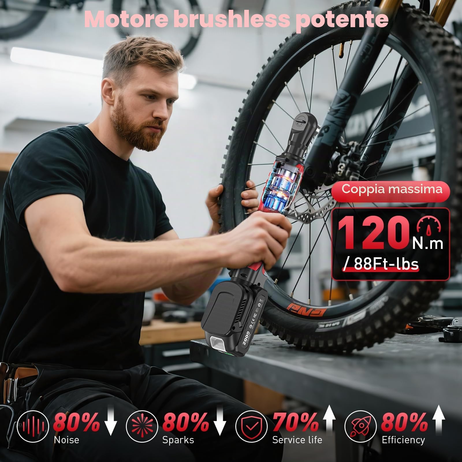 Chiave a cricchetto elettrica 3/8" Senza Fili: 120Nm (88 Ft-lbs) + 200 RPM, con 2 Batterie 2.0Ah, Luce LED e Set da 11 Boccole,Potente chiave elettrica per Auto e Riparazioni Domestiche