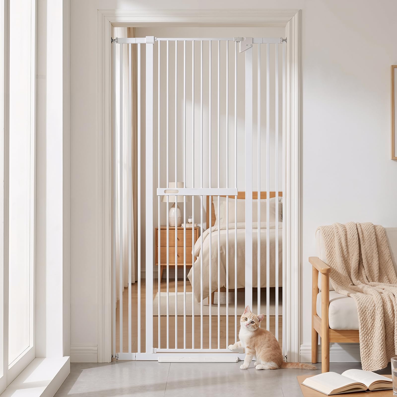 180cm/70.9in Extra Tall Pet Gate, 76cm-106cm Wide Pressure Mounted Cat Dog Fence with 2 Extension Kits, Lockable Small Door, used to Restrict Access to Pets and Bbies (White, 180 CM)