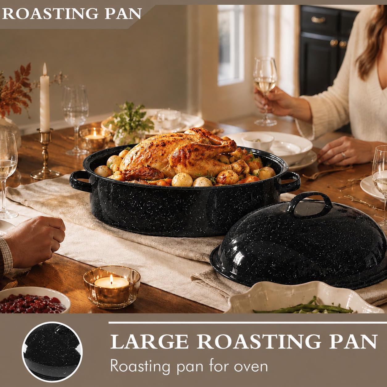 Enamel Turkey Roasting Pan with Lid & Rack 18-Inch Granite Black