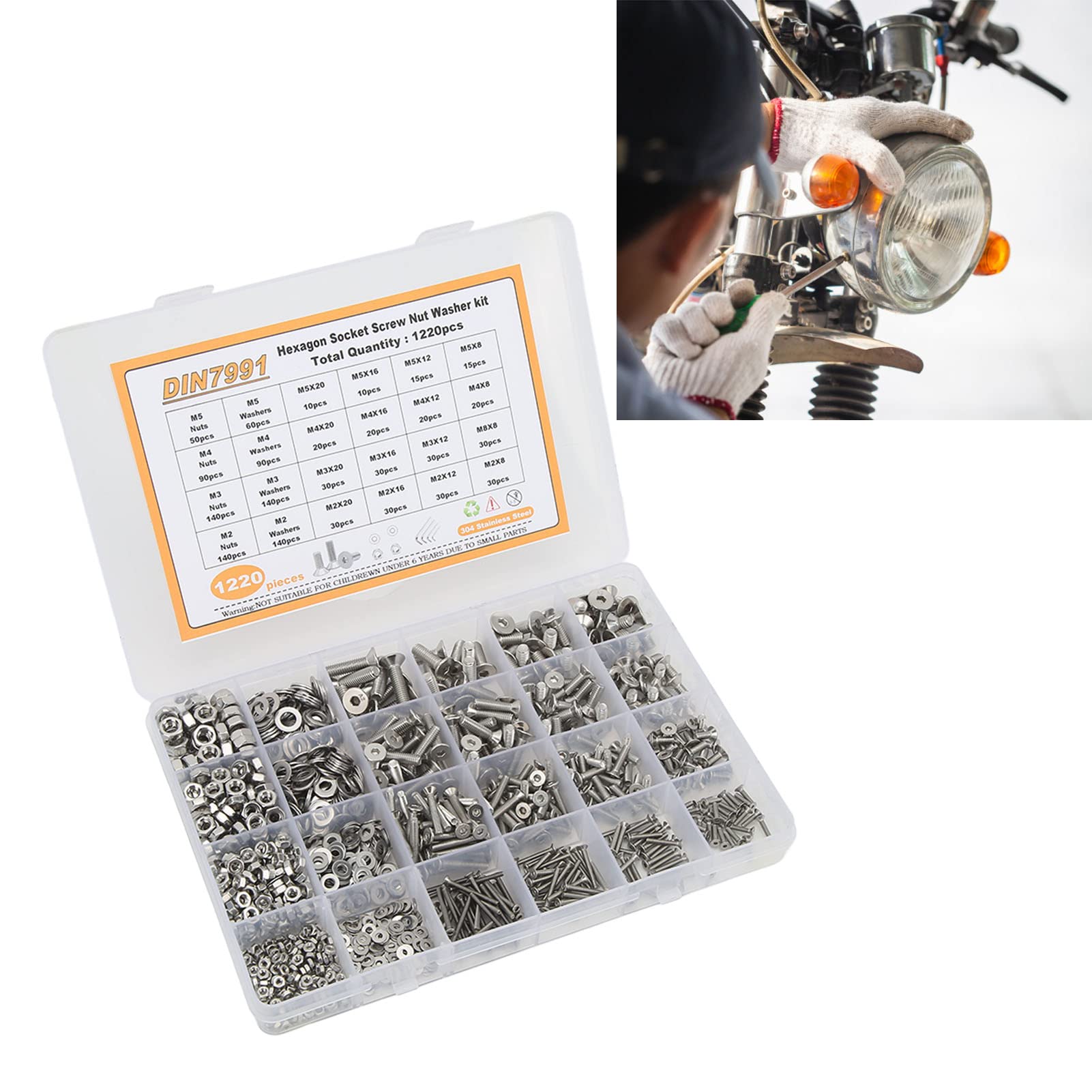 1220-teiliges Schraubenmutter-Unterlegscheiben-Set, Flachkopf-Innensechskant, Edelstahl 304, M2, M3, M4, M5, Schrauben-Montageset für Präzisionsmaschinen, Elektronik,