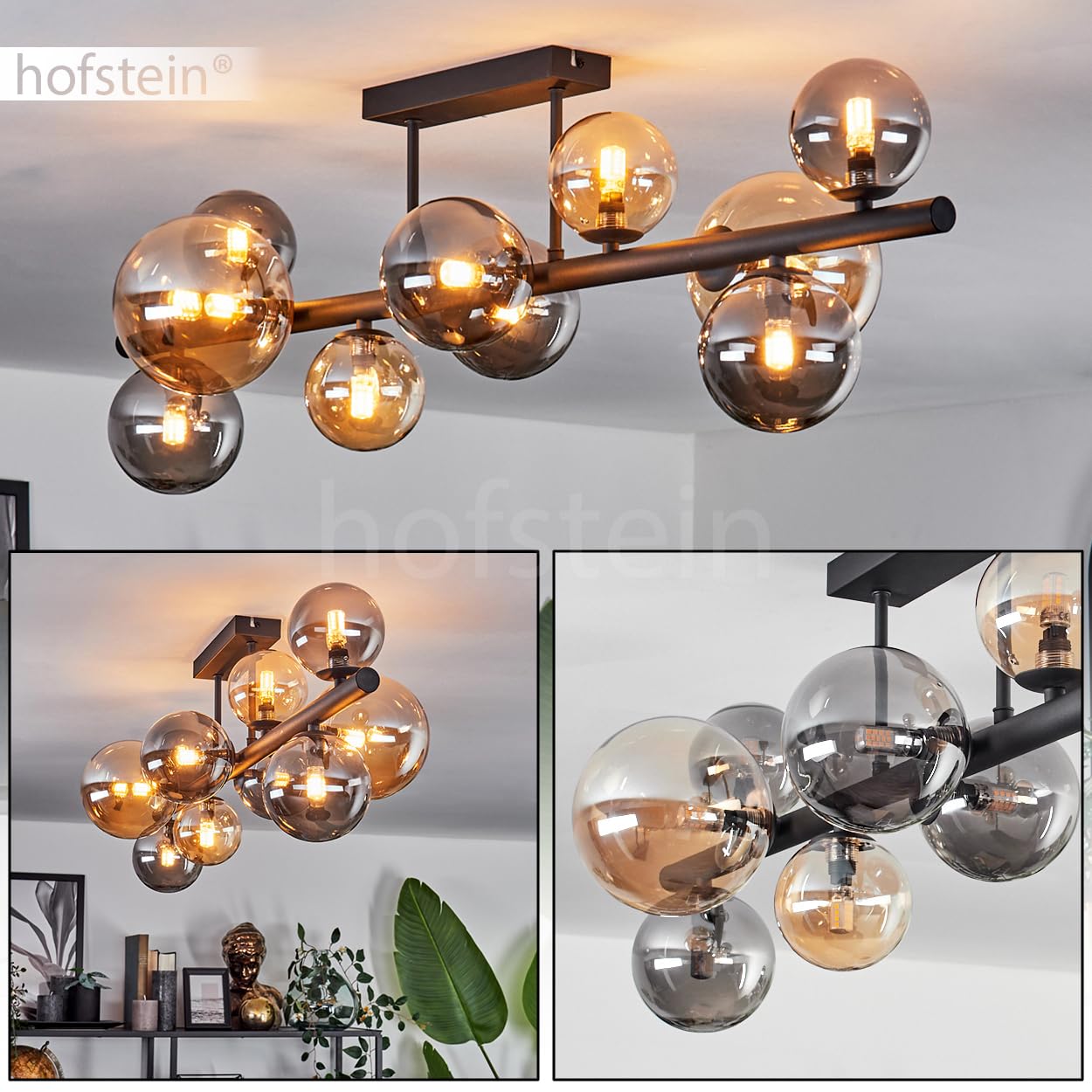 HOFSTEIN Lampadario Chehalis, lampada da soffitto in metallo/vetro in nero/ambra/fumé, illuminazione in stile moderno retrò/vintage con paralumi in vetro (Ø 10, 12, 15 cm), 10 x G9