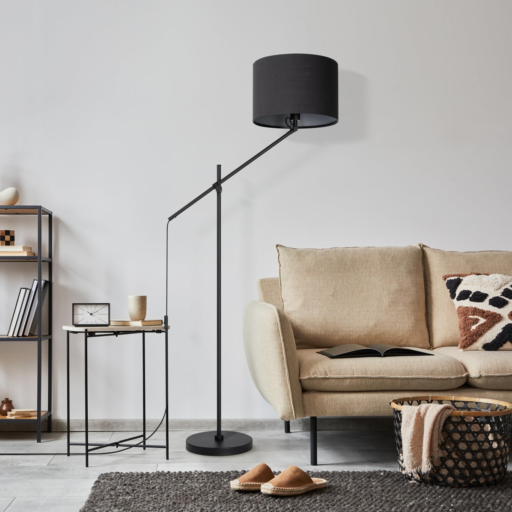 Paco Home Tischlampe Stehlampe Pendellampe Wohnzimmer Esszimmer Schlafzimmer Runder Schirm aus Stoff Modern Stylisch E27, Lampenart:Stehleuchte, Farbe:Schwarz-Grau