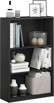 Furinno Jaya Book Shelf, 3-Tier Bookshelf, Bookcase with Adjustable Shelves, 9.5 x 24.5 x 40.3, for Organization and Storage, for Living Room, Bedroom, Home Office, Blackwood