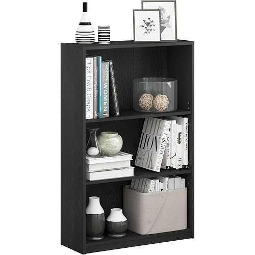 Furinno Jaya Book Shelf, 3-Tier Bookshelf, Bookcase with Adjustable Shelves, 9.5 x 24.5 x 40.3, for Organization and Storage, for Living Room, Bedroom, Home Office, Blackwood