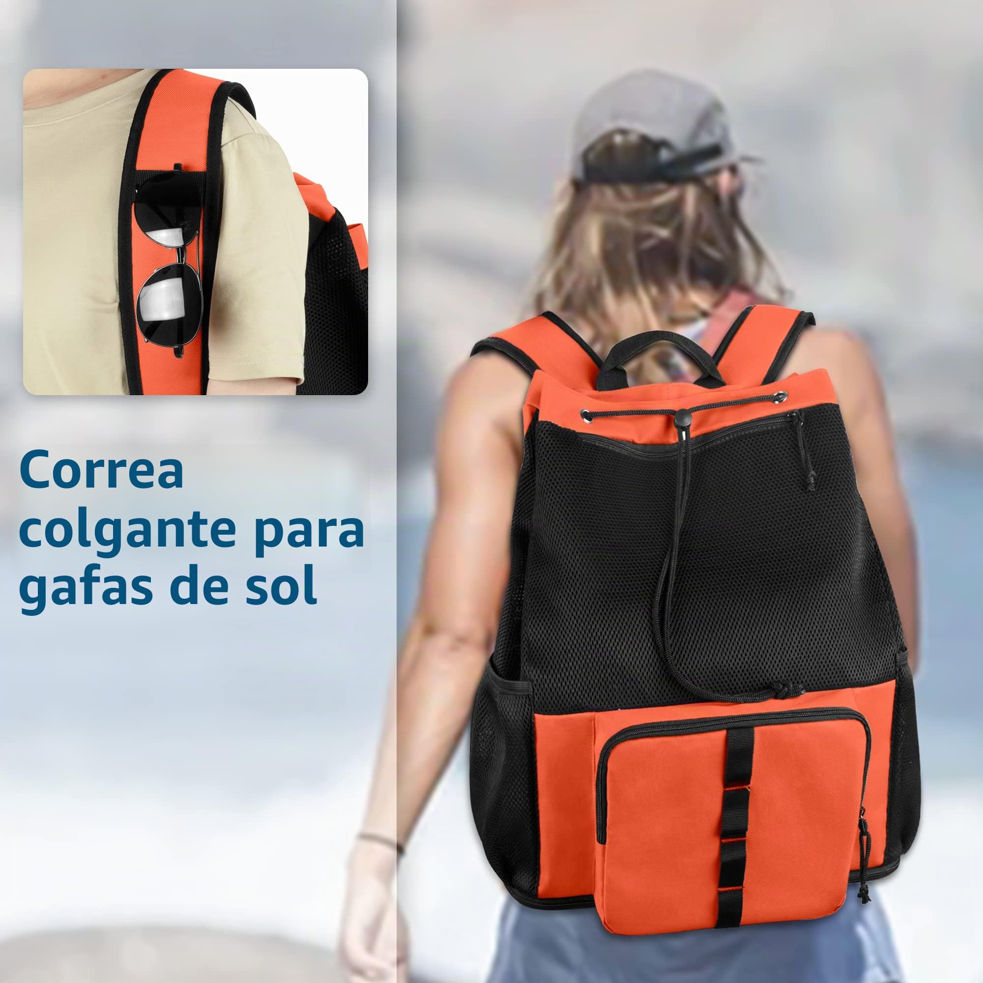 Fasrom Mochila de playa de malla con fondo de cremallera, mochila de gimnasio para nadar, playa y piscina (Patente Pendiente), Naranja