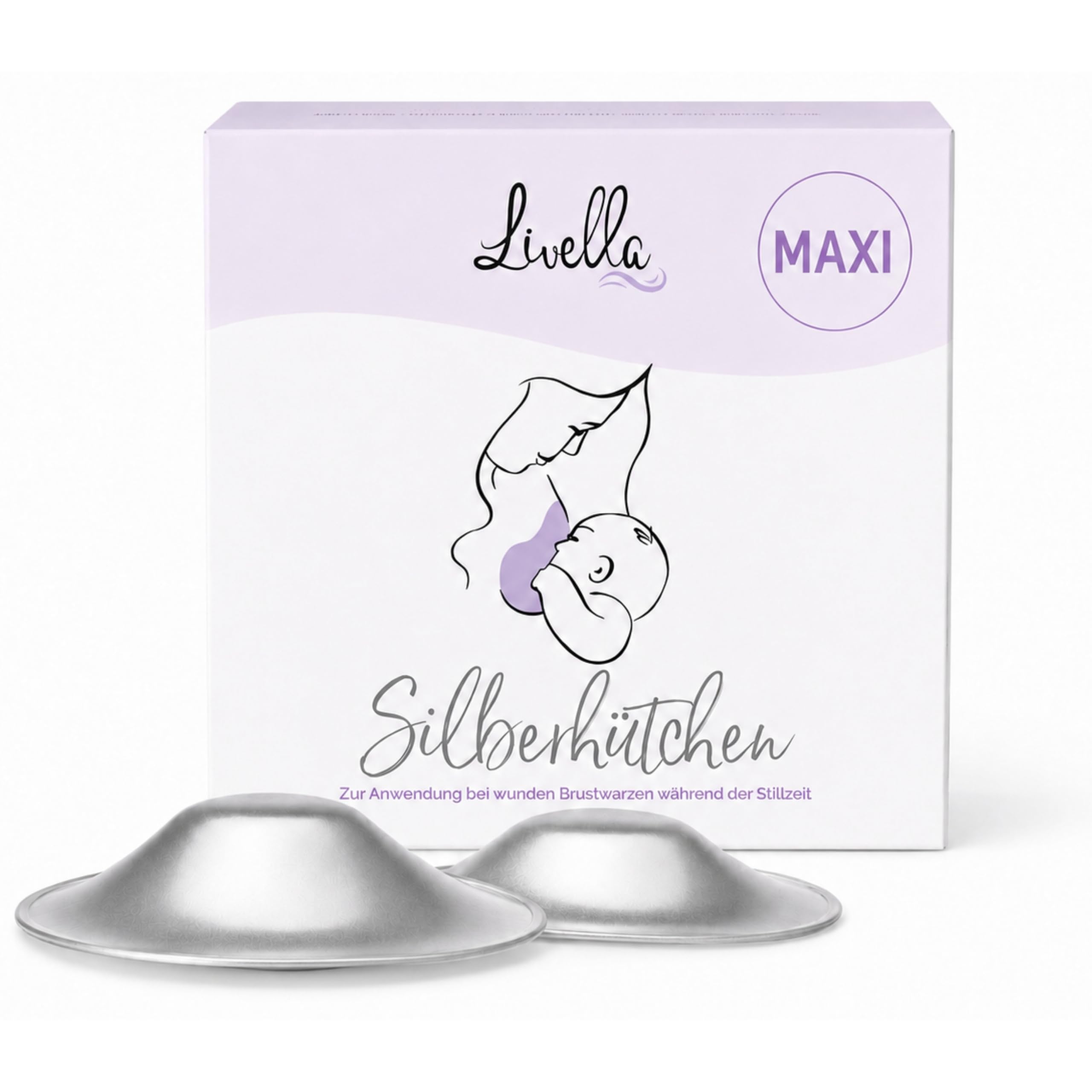 Livella | Silberhütchen Stillen - Made in Germany - für beanspruchten Brustbereich - schafft feuchtes Hautmilieu - Stillhütchen im Wochenbett (Größe: Maxi)