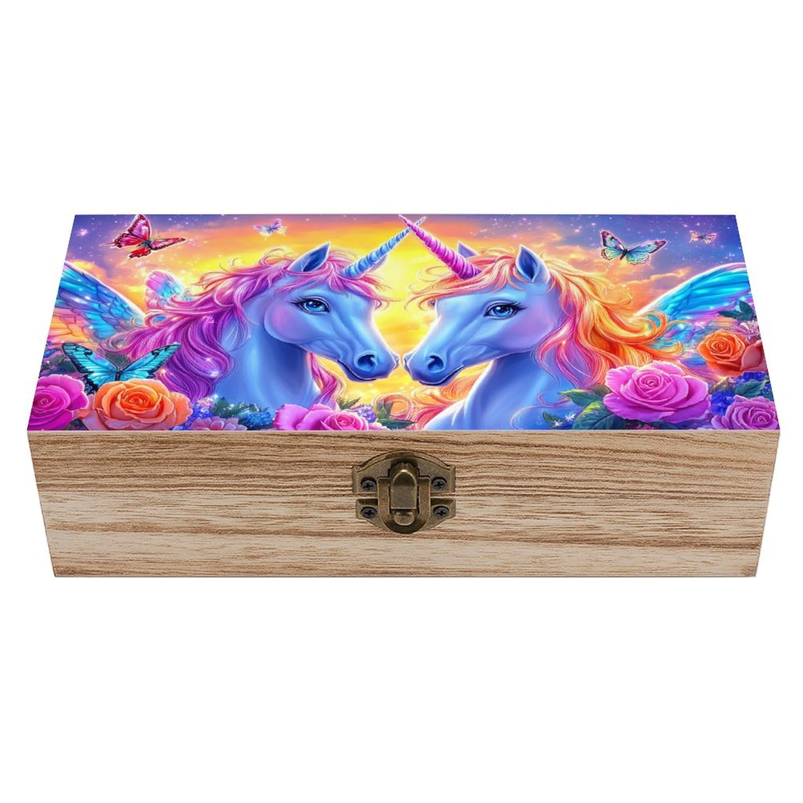 Ahdyr Colorful Roses Butterflies Horse Wooden Storage Box with Hinged Lid And Front Clasp Large Keepsake Box
