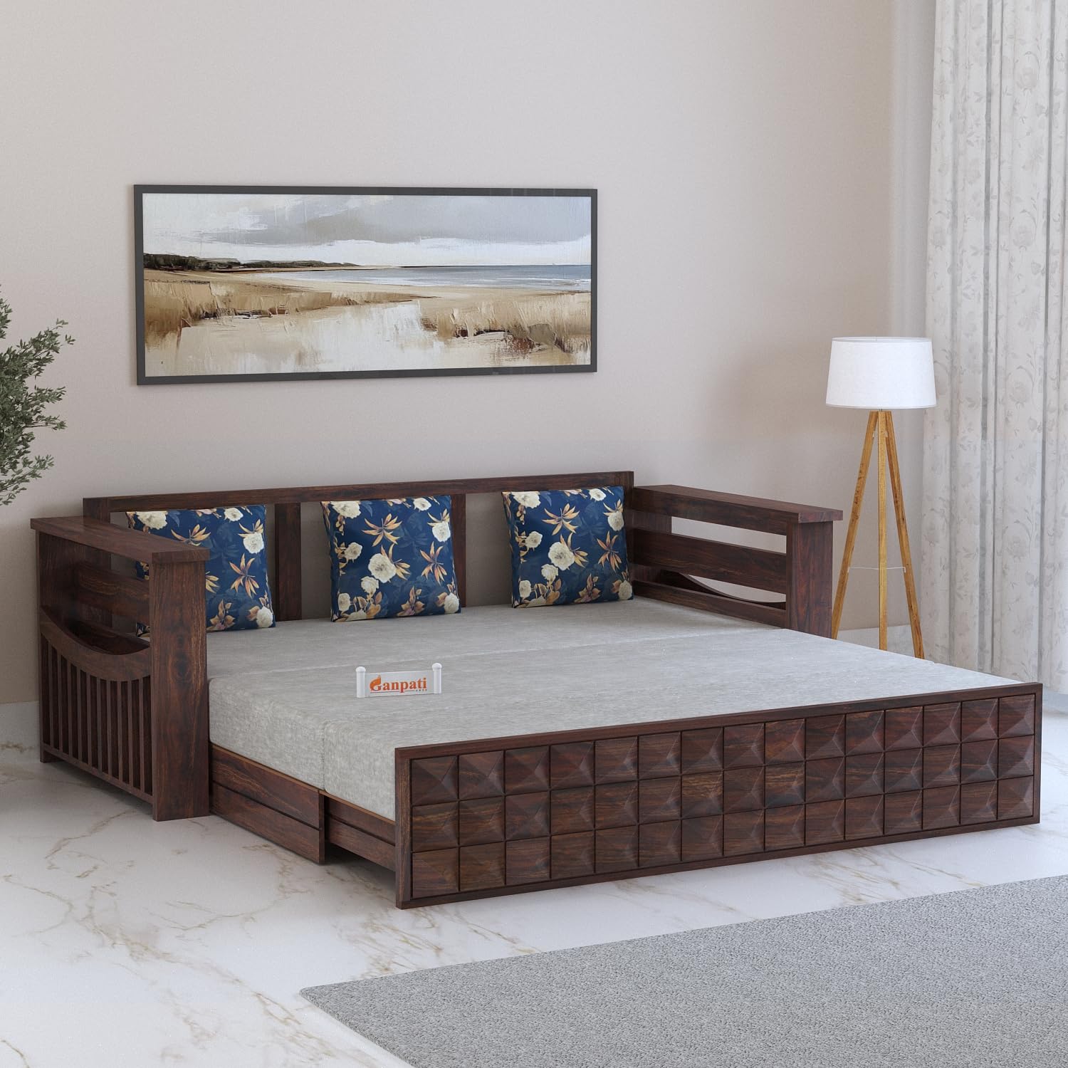 GANPATI ARTS Solid Sheesham Wood Diamond 3-Person Sofa Cum Bed With Storage And Side Pockets For Living Room Hall Bedroom (Walnut Finish)