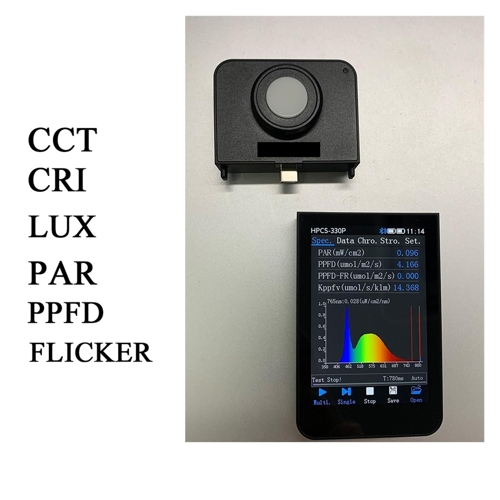 Medidor de luz PAR portátil HPCS-330P, espectrómetro PPFD, medidor de Parpadeo CCT CRI de Alta precisión for luz LED de Cultivo de 350 NM a 800 NM. Flexibilidad de medición