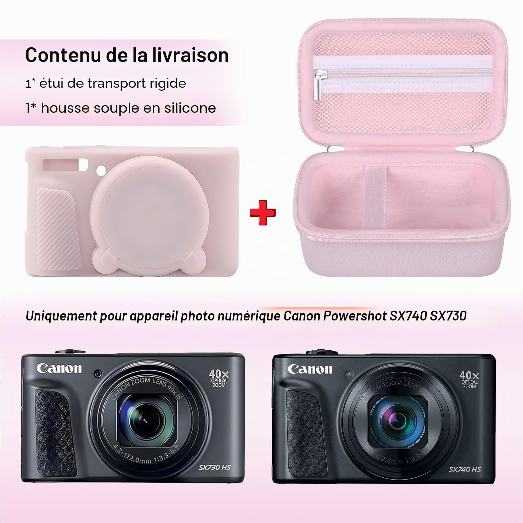 Canboc Etui pour Appareil Photo numérique Canon PowerShot SX740 SX730 HS, étui Dur + Couvercle Protecteur en Silicone Doux avec Couvercle d'objectif Amovible, Rose gelée
