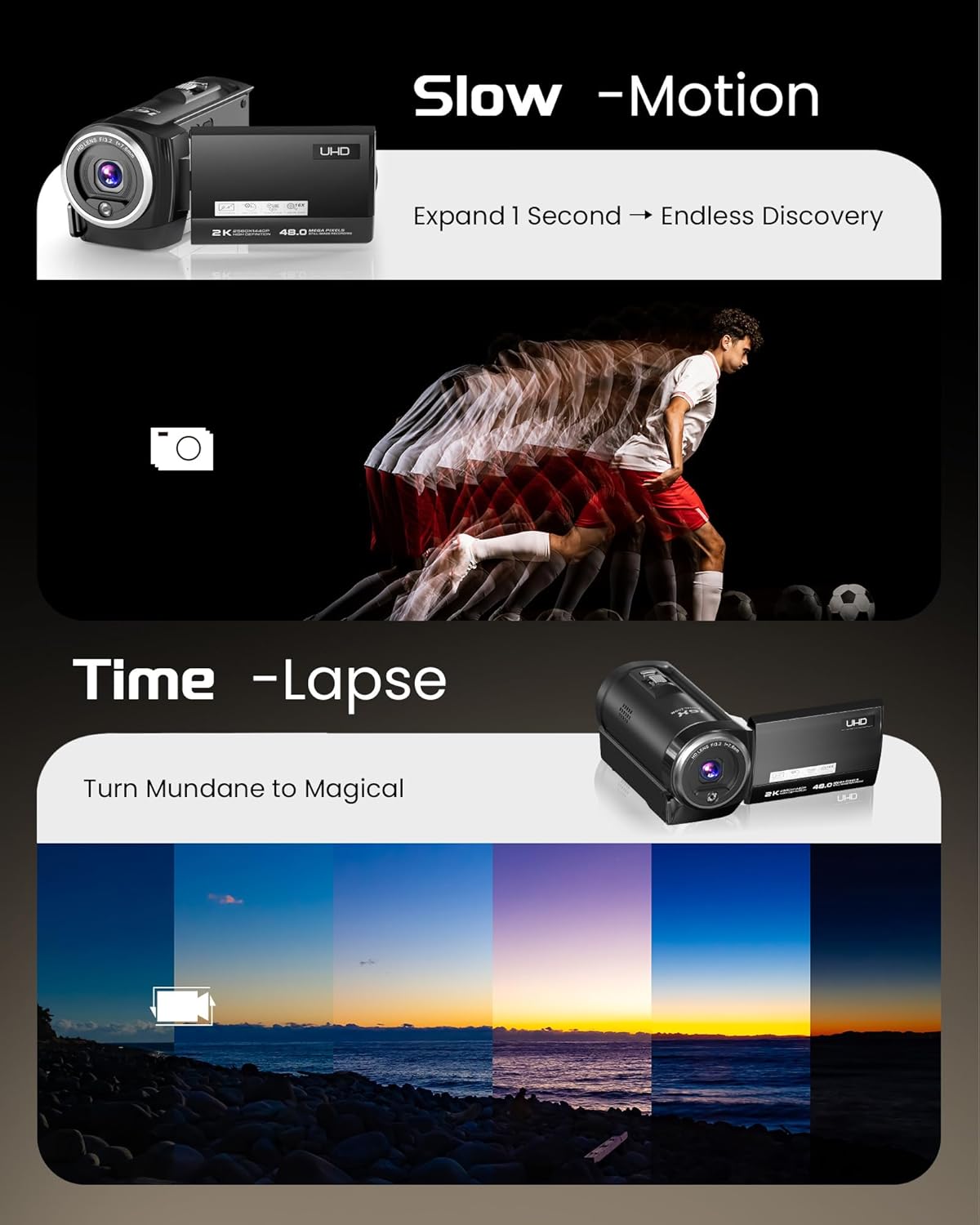 2K Video Camera Camcorder, QHD 48MP Digital Camera Recorder Vlogging Camera for YouTube, with Fill Light, Matte Black