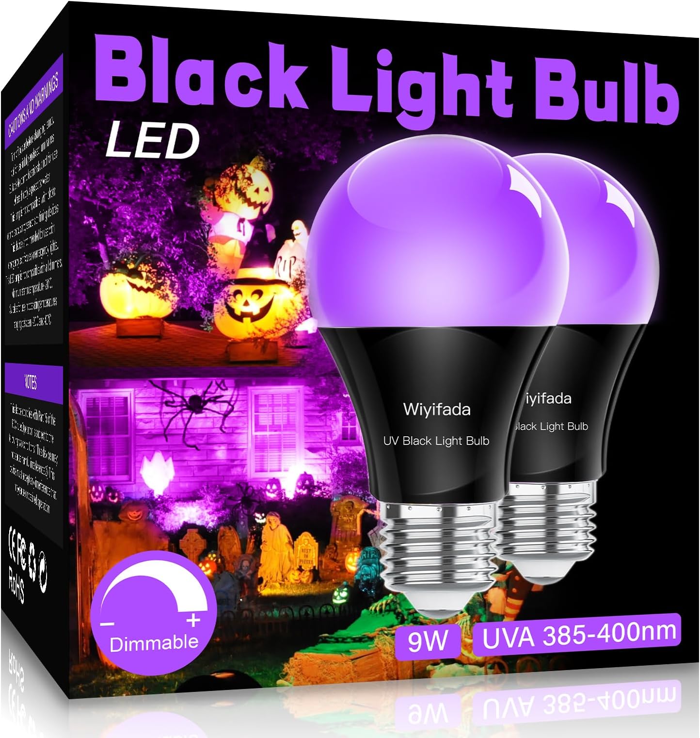 LED Black Light Bulbs 2 Pack, A19 9W UV Black Light Replace Up to 100W, 120V E26 Base UVA Level 385-400nm, Glow in The Dark for Body Pain, Blacklights Party, Halloween