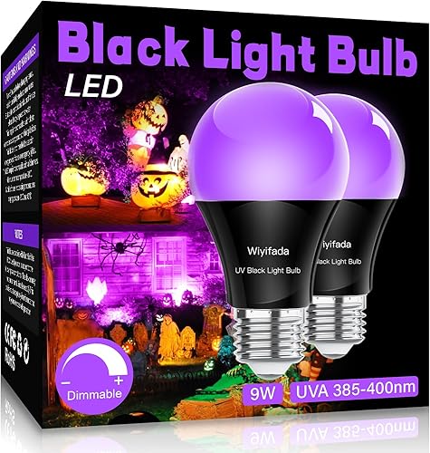 Paquete de 2 bombillas LED negras, A19 de 9 W, luz negra UV que reemplaza hasta 100 W, 120 V, base E26, nivel UVA 385-400 nm, brilla en la oscuridad