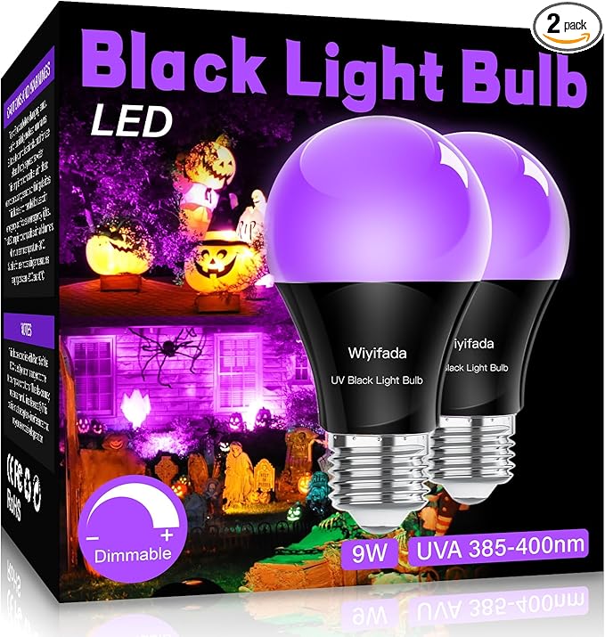 LED Black Light Bulbs 2 Pack, A19 9W UV Black Light Replace Up to 100W, 120V E26 Base UVA Level 385-400nm, Glow in The Dark for Body Pain, Blacklights Party, Halloween