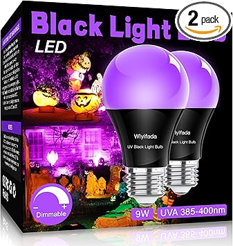 LED Black Light Bulbs 2 Pack, A19 9W UV Black Light Replace Up to 100W, 120V E26 Base UVA Level 385-400nm, Glow in The Dark for Body Pain, Blacklights Party, Halloween