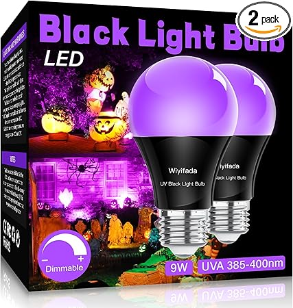 LED Black Light Bulbs 2 Pack, A19 9W UV Black Light Replace Up to 100W, 120V E26 Base UVA Level 385-400nm, Glow in The Dark for Body Pain, Blacklights Party, Halloween