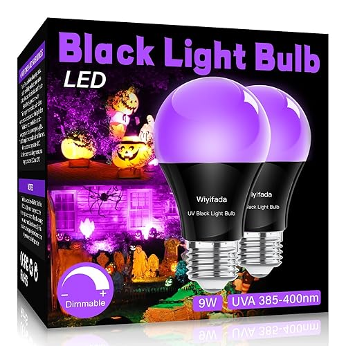Wiyifada LED Black Light Bulbs 2 Pack, A19 9W UV Black Light Replace Up to 100W, 120V E26 Base UVA Level 385-400nm, Glow in The Dark for Body Pain, Blacklights Party, Halloween - 2 Pack