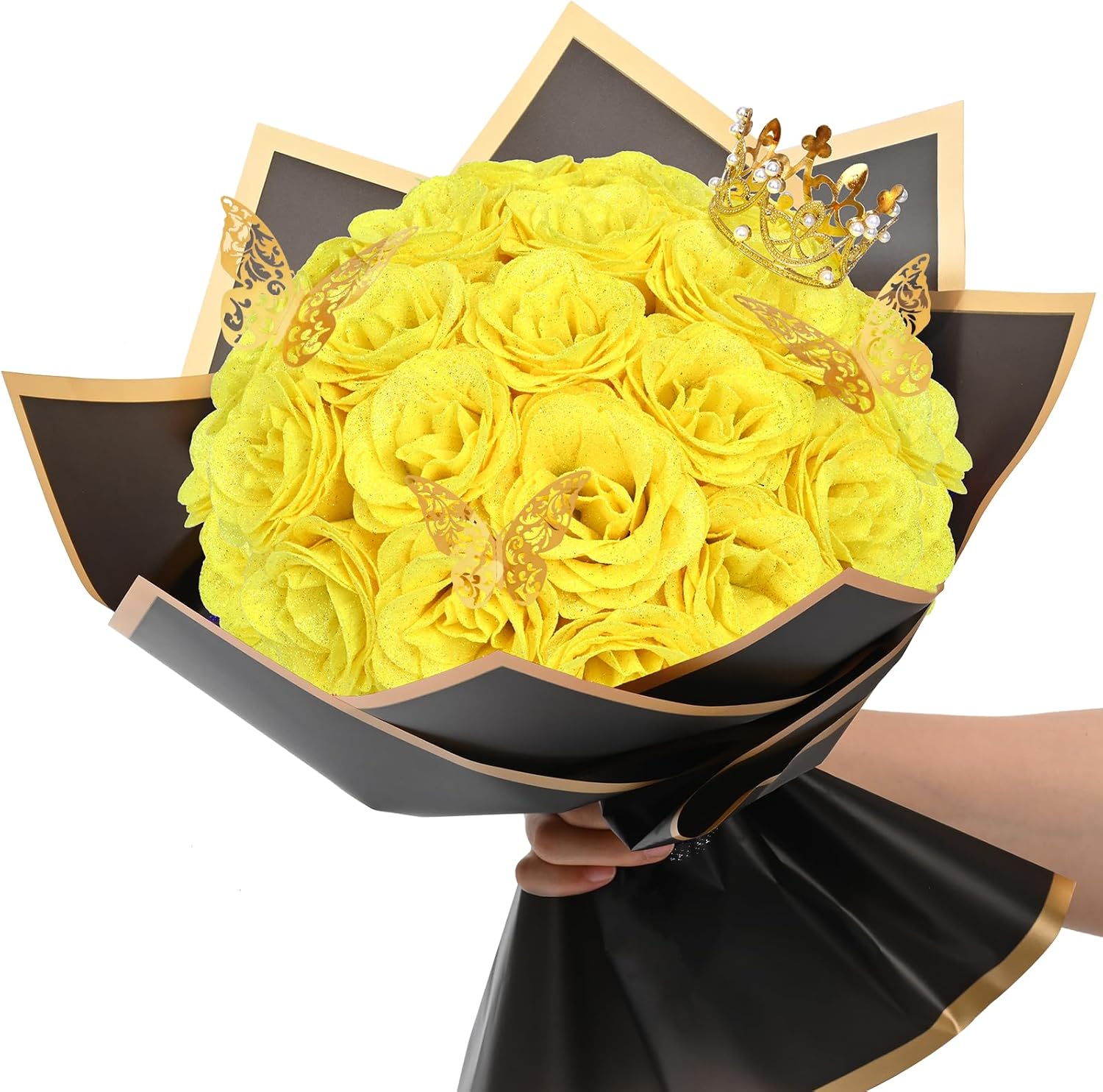 Waipfaru Yellow Glitter Roses Bouquet, DIY Flowers Bouquet, Birthday Gifts for Women Mom Grandma Wife Girlfriend, 24 Pcs Fake Rose for Valentines, Mothers Day, Anniversary, Graduation Gifts