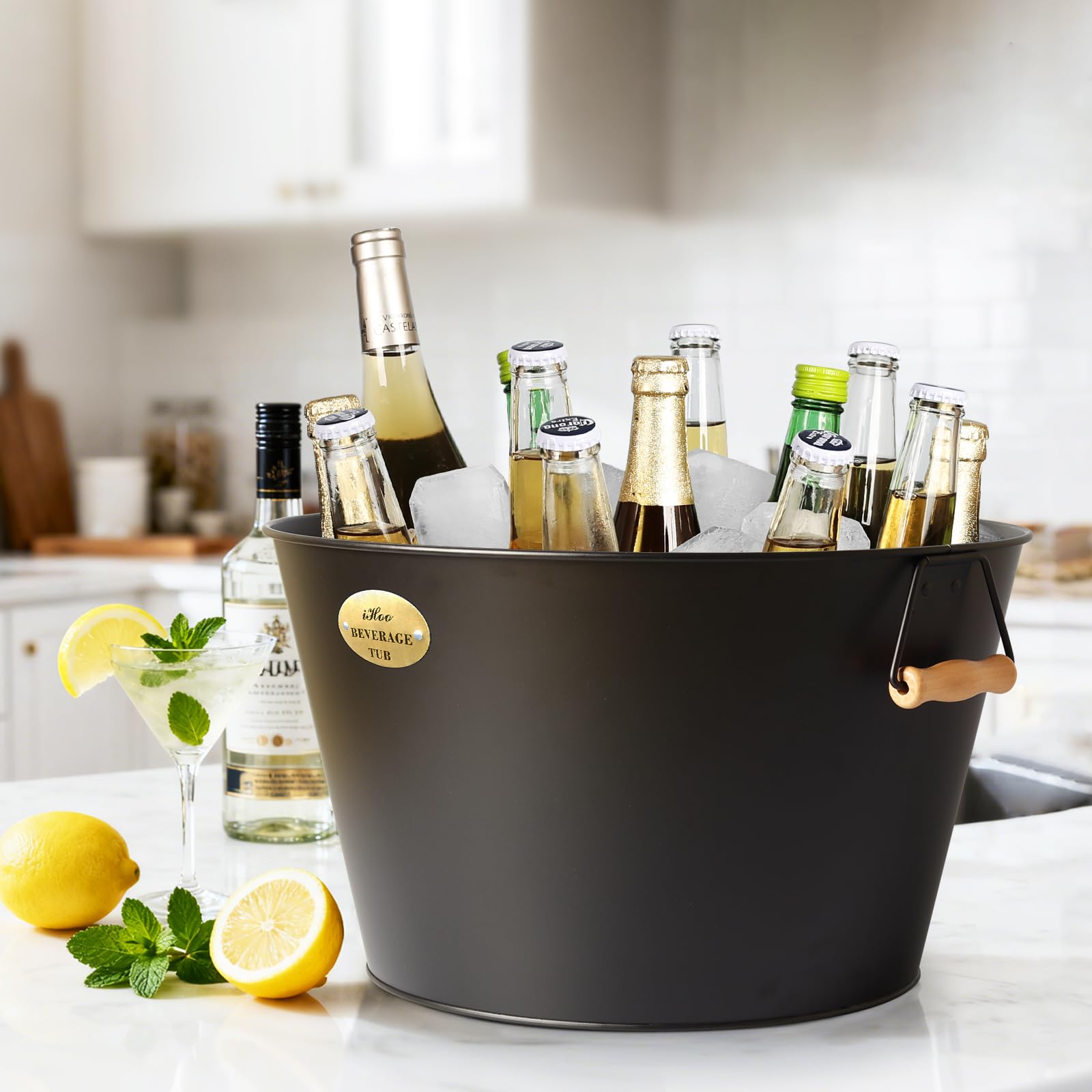 21 L Bacs à Boisson pour Fêtes, Grand Seau à Glace avec Poignées en Bois, Bac Galvanisé Noir, Bacs Idéals pour Boissons en Fêtes