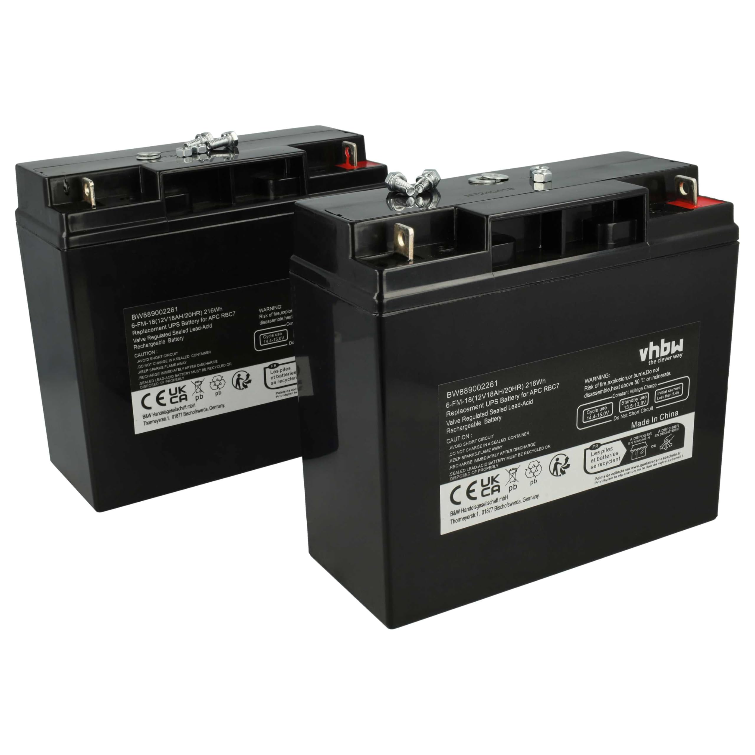 vhbw 2X Akku Ersatz für APC AP1250 | AGM09, RBC7, BT12-18, RBC50 für USV (18000 mAh, 12 V, AGM)
