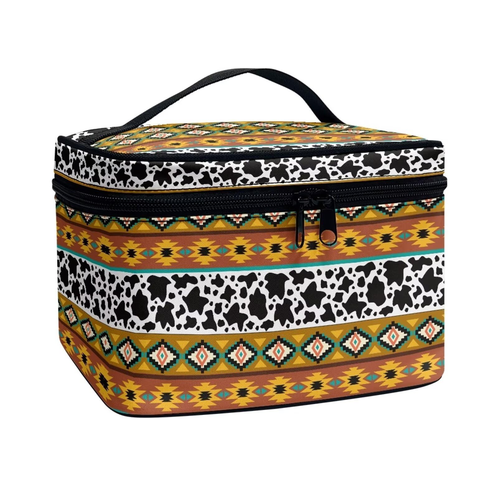 Poetesant Boho Ethnic Cosmetic Storage Bag Large Capacity Makeup Bag Aztec Cow Print Make up Organizer Lightweight Toiletry Bag with Handle Casual Make up Bag for Ladies