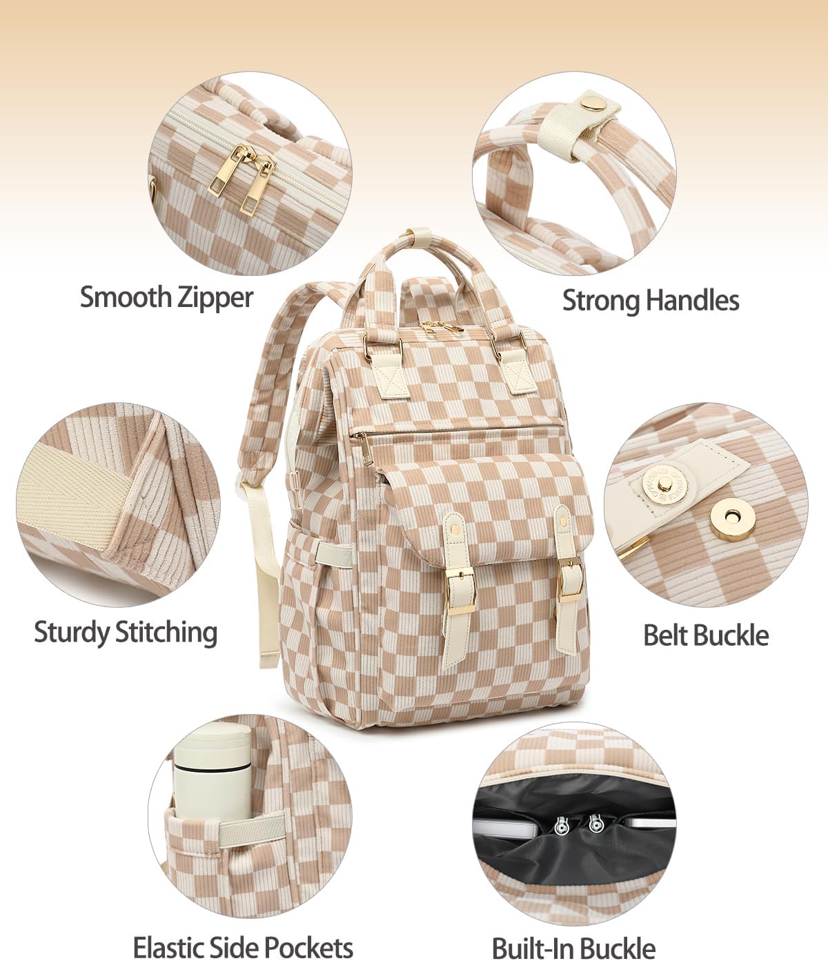 Laptop Backpacks for Women, Corduroy High School College Bookbag 15.6 Inch Laptop Bags for Girls Travel Daypack - Checkered Brown - Image 7