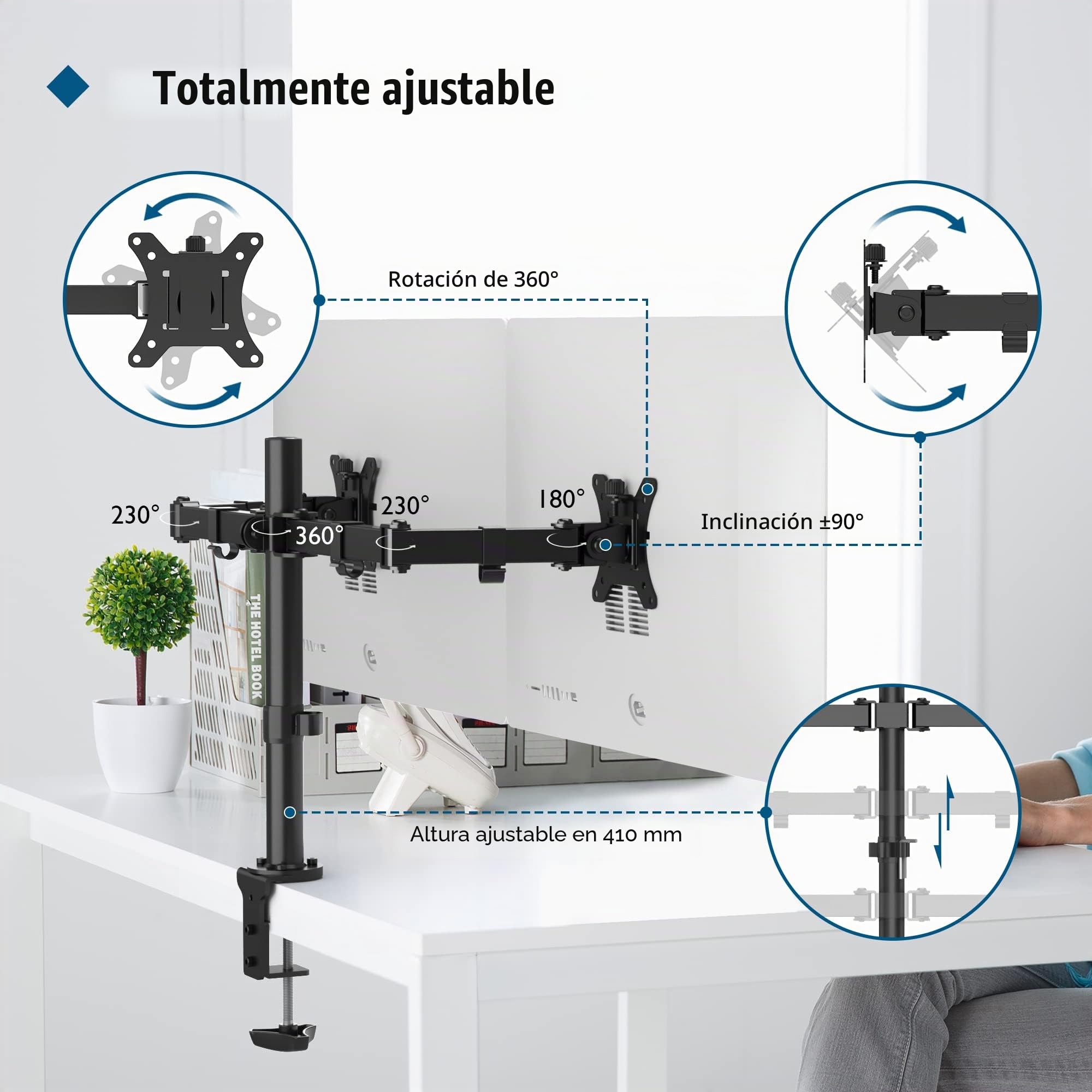 BONTEC Soporte Doble Monitor para Pantallas de 13-32 Pulgadas, Brazo de Monitor Doble Ajustable en Altura con 2 Métodos de Instalación, Rotación Inclinable y Giratoria, VESA 75x75/100x100